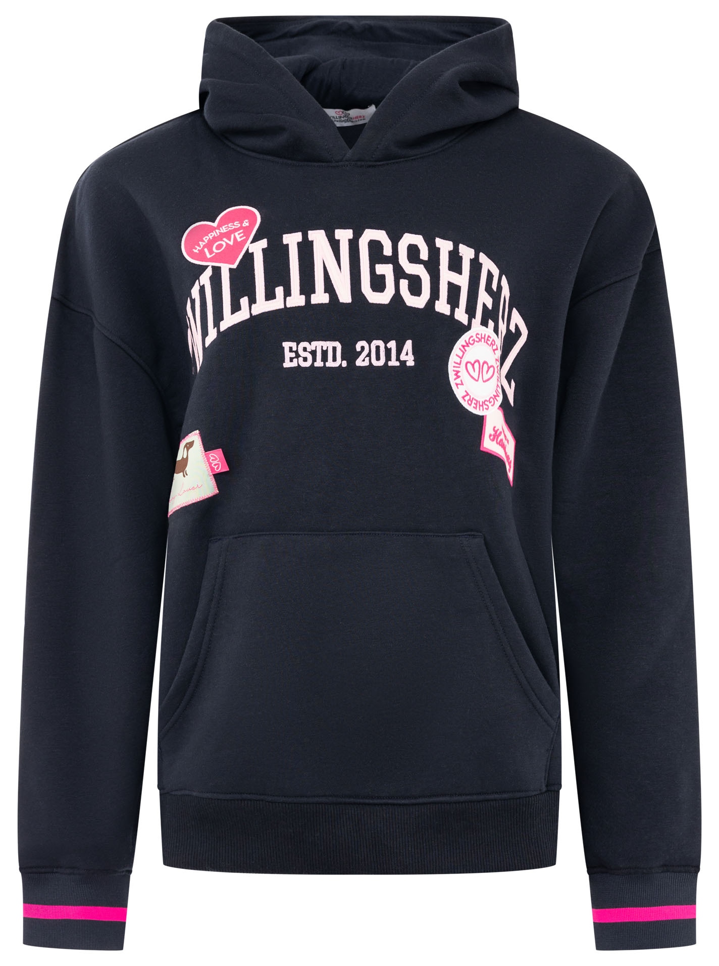 Zwillingsherz Hoodie ""Zwillingsherz Patches"", Oversize-Fit, Kapuze, großer Schriftzug und Patches, Kängurutasche