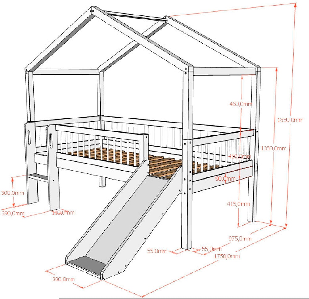 Vipack Hausbett »Inkl. Dachaufbau, Leiter, Rutsche und Rolllattenrost, Made in Europe« wahlweise mit und ohne dekorativem Textilhimmel erhältlich,  hochwertig und stabil bebaut, Buche massiv weiß lackiert
