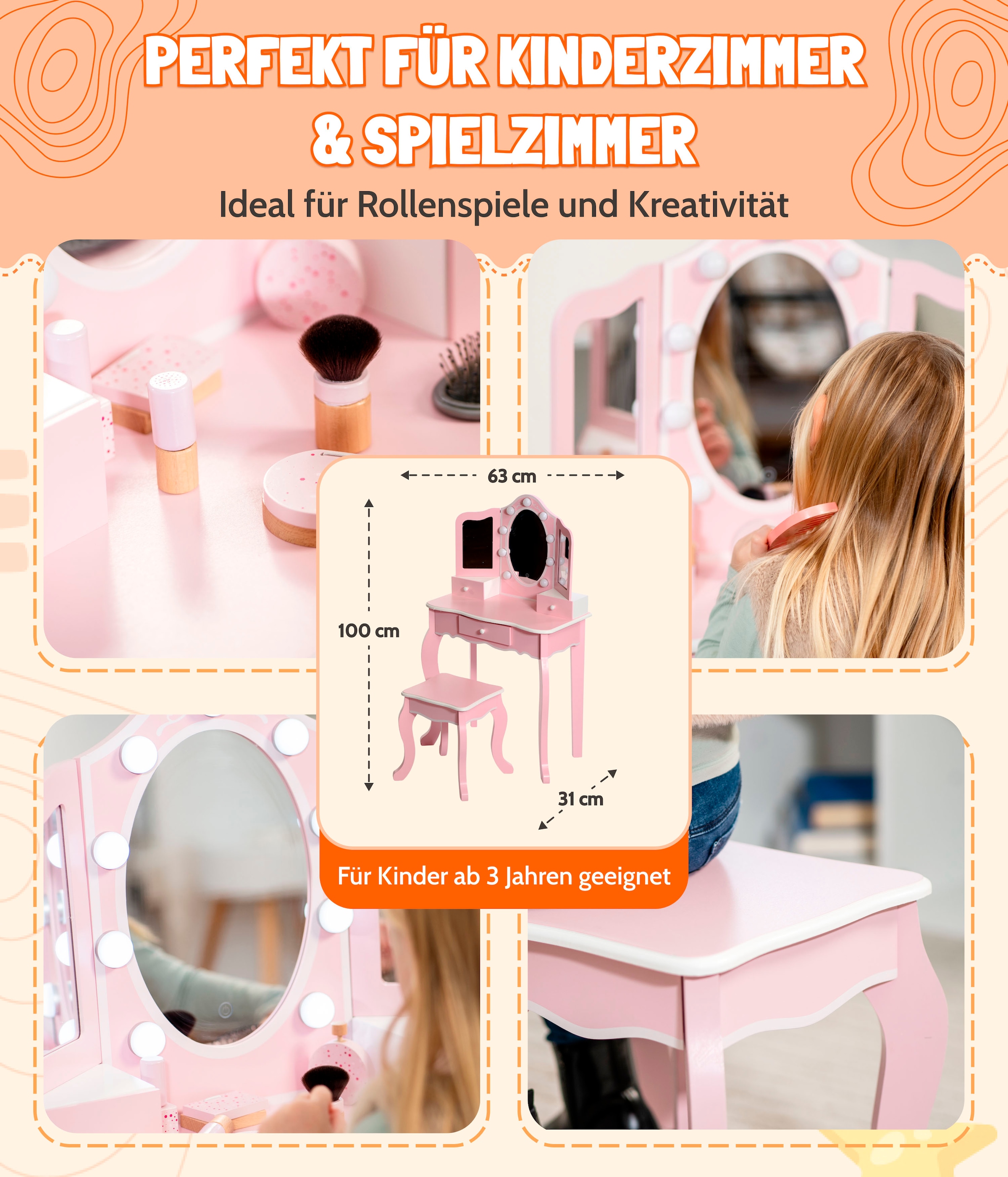CHIC2000 Schminktisch »pastellrosa«, mit großen LED-Lichter rund um den Spiegel und Hocker