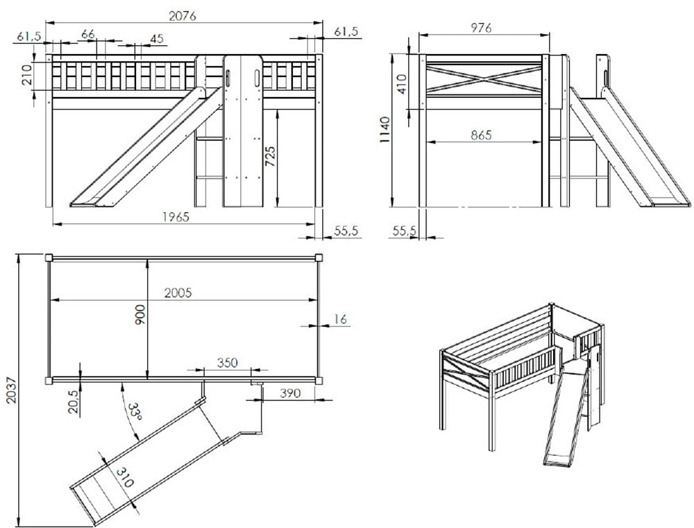 Vipack Hochbett »Scott«, m. Rutsch-/Leiterturm, LF 90x200 cm, Vorhang, Tasche, 4 Designs