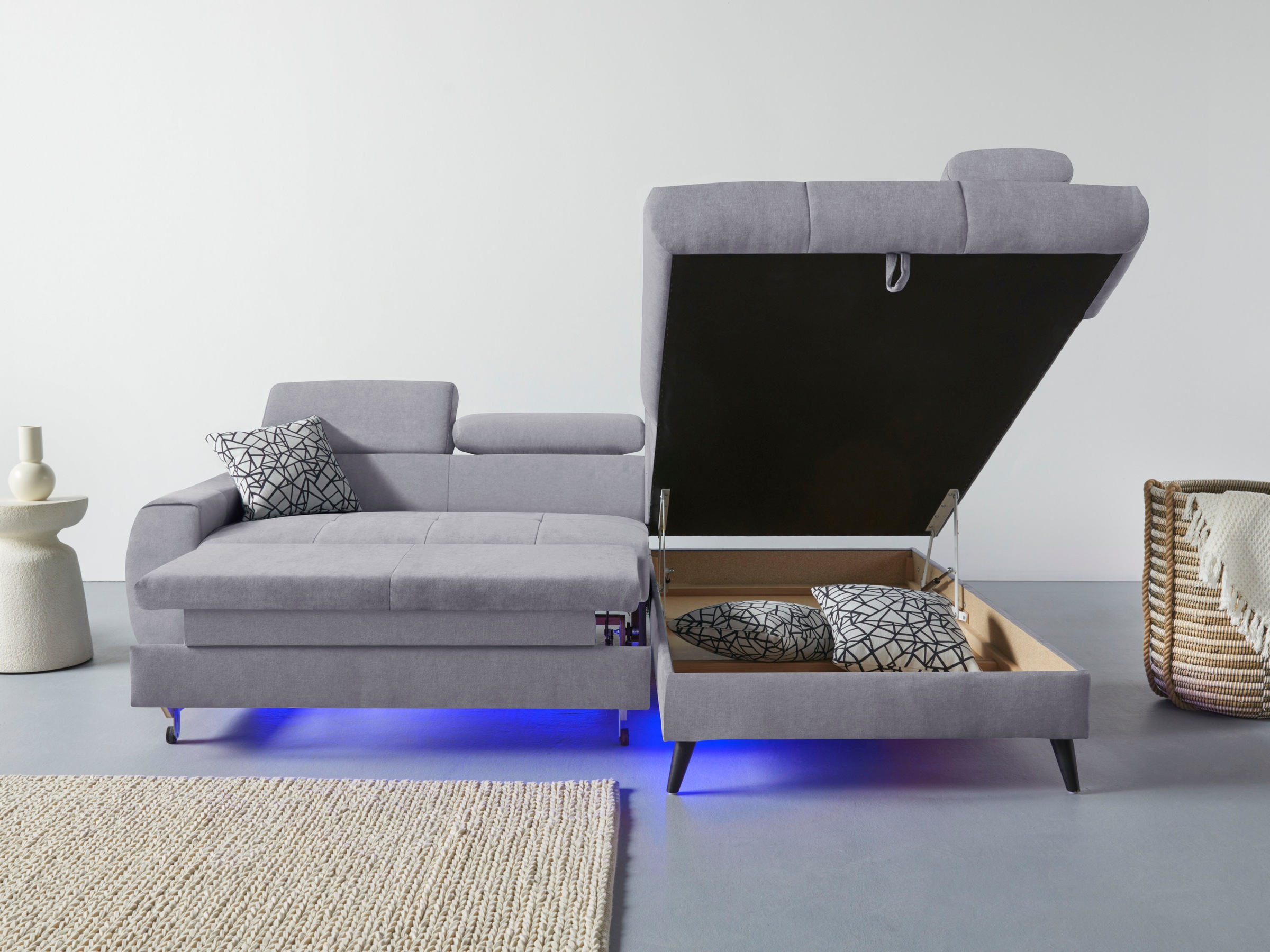COTTA Ecksofa »Mia L-Form mit 3 Zierkissen«, wahlweise mit Bettfunktion, Bettkasten, Beleuchtung & Wireless-Charger