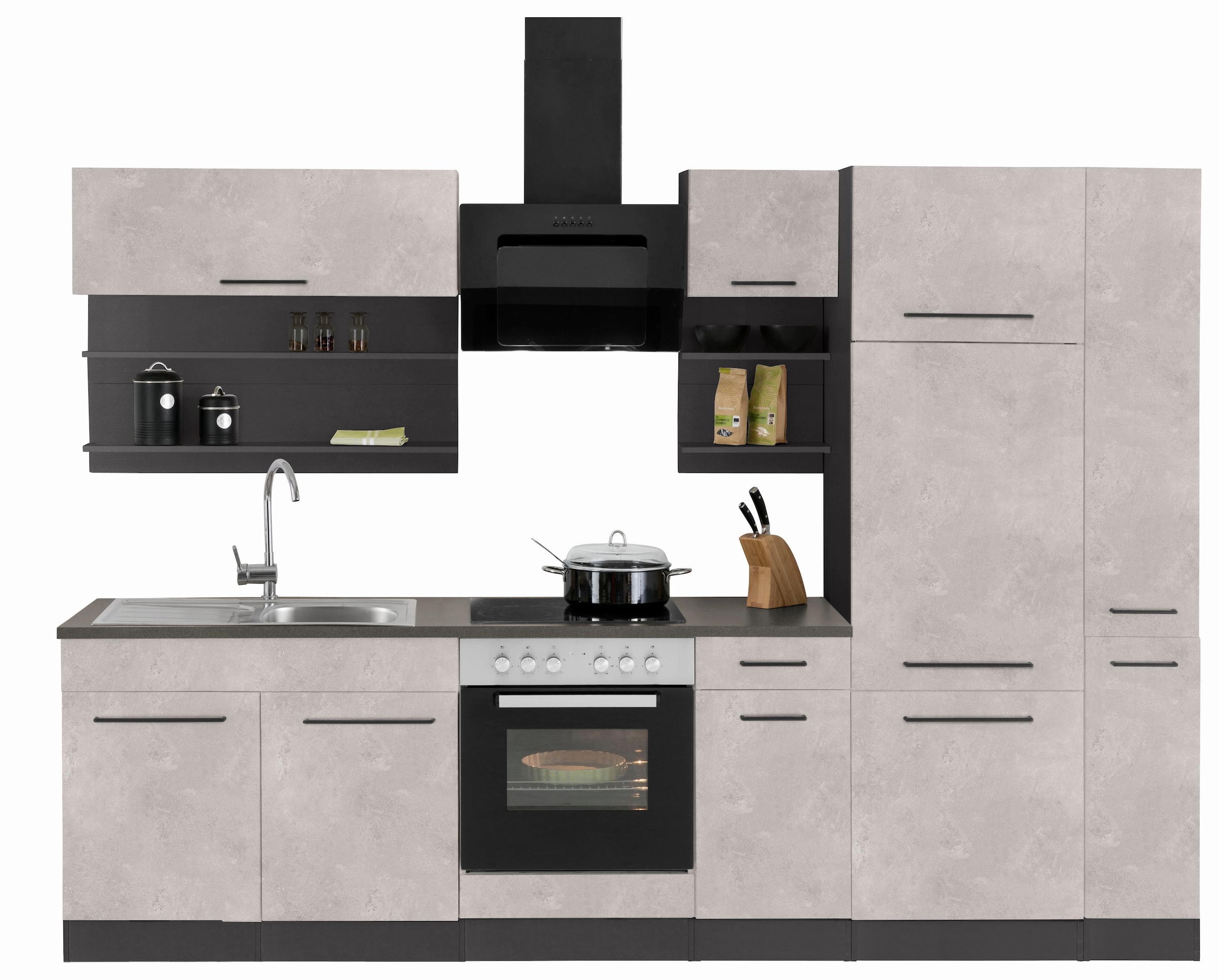 KOCHSTATION Küchenzeile »KS-Tulsa«, ohne E-Geräte, Breite 300 cm, schwarze Metallgriffe, MDF Fronten
