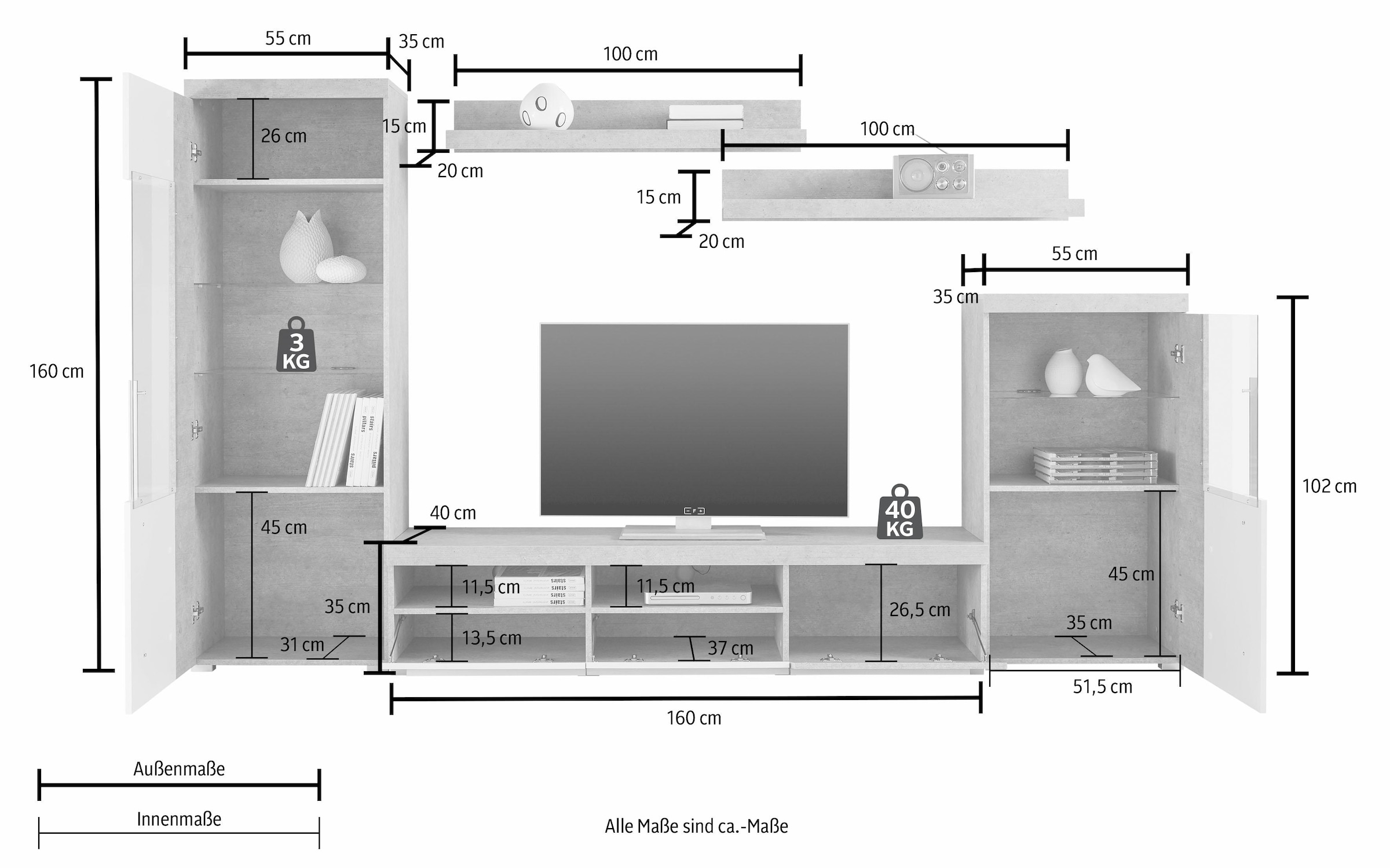 Helvetia Wohnwand »Roger,Breite 270 cm moderne Mediawand ohne Beleuchtung«, (Set, 5 St.), Anbuwand (Set,5-St) viel Stauraum, Vitrinen mit Glastür