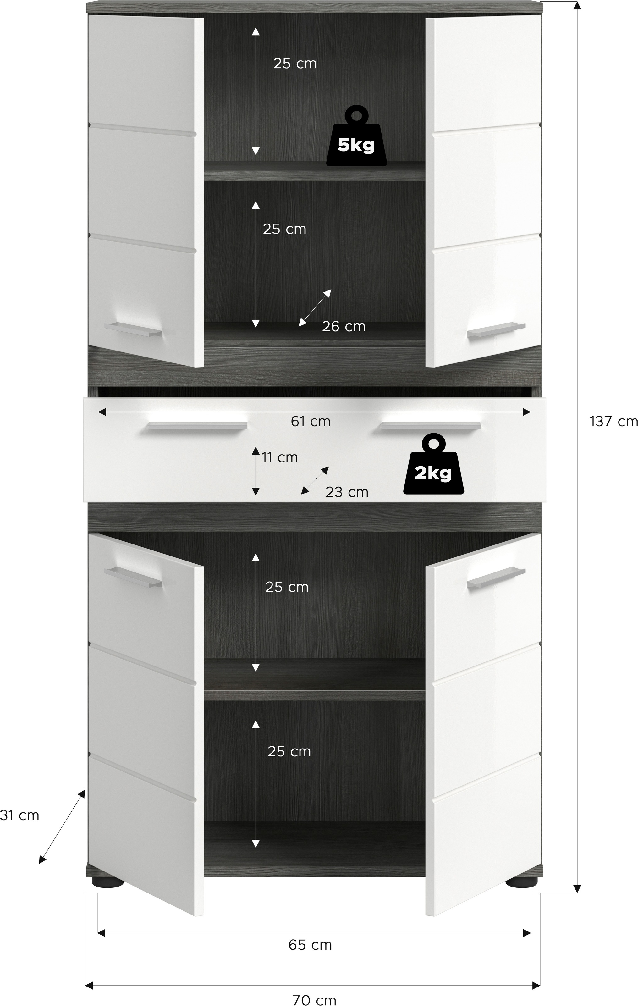 welltime Hochschrank »LUCCA, Höhe 137cm, 4 Türen, 1 Schubkasten, 4 Fächer« Badschrank, Badmöbel, Badezimmer, Universalschrank, Mehrzweckschrank