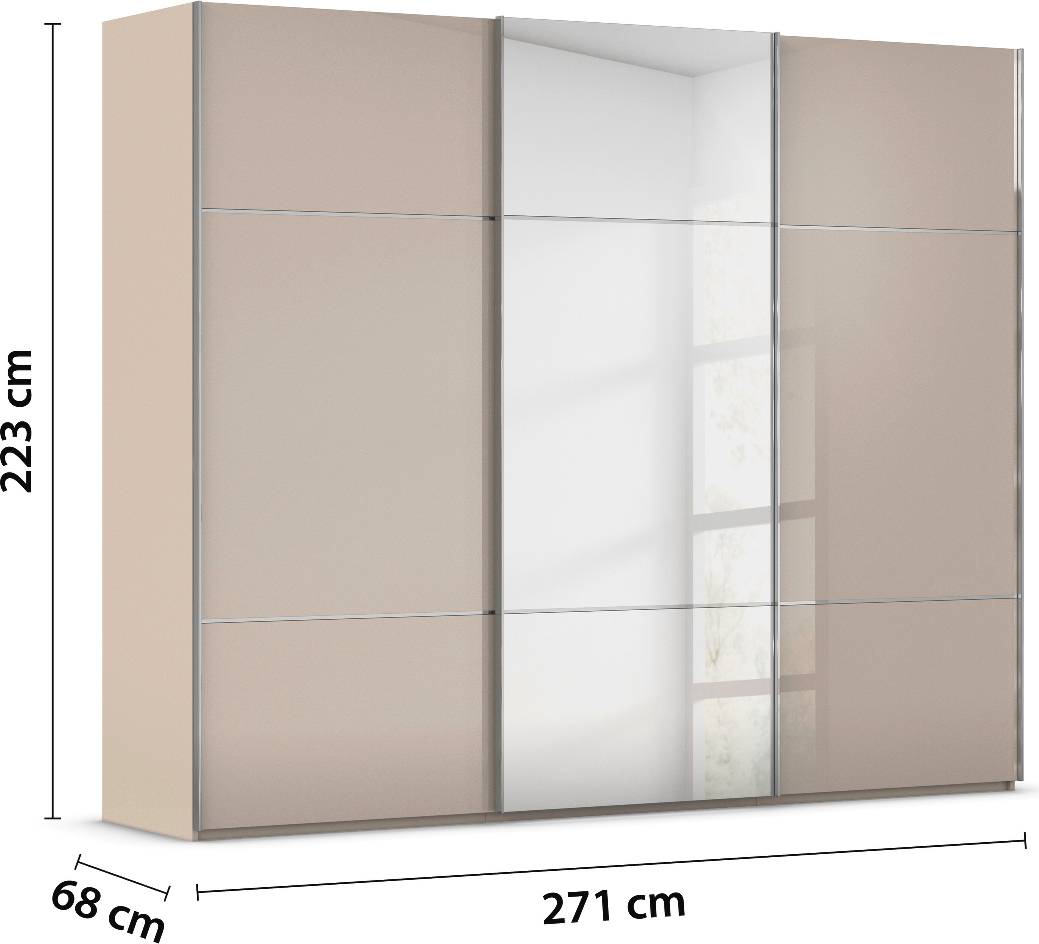 rauch Schwebetürenschrank »Kleiderschrank Schrank Garderobe Schlafzimmerschrank SCALE-TRIO«, edle dreigeteilte Front mit 2 Zierleisten Spiegel/Glas MADE IN GERMANY