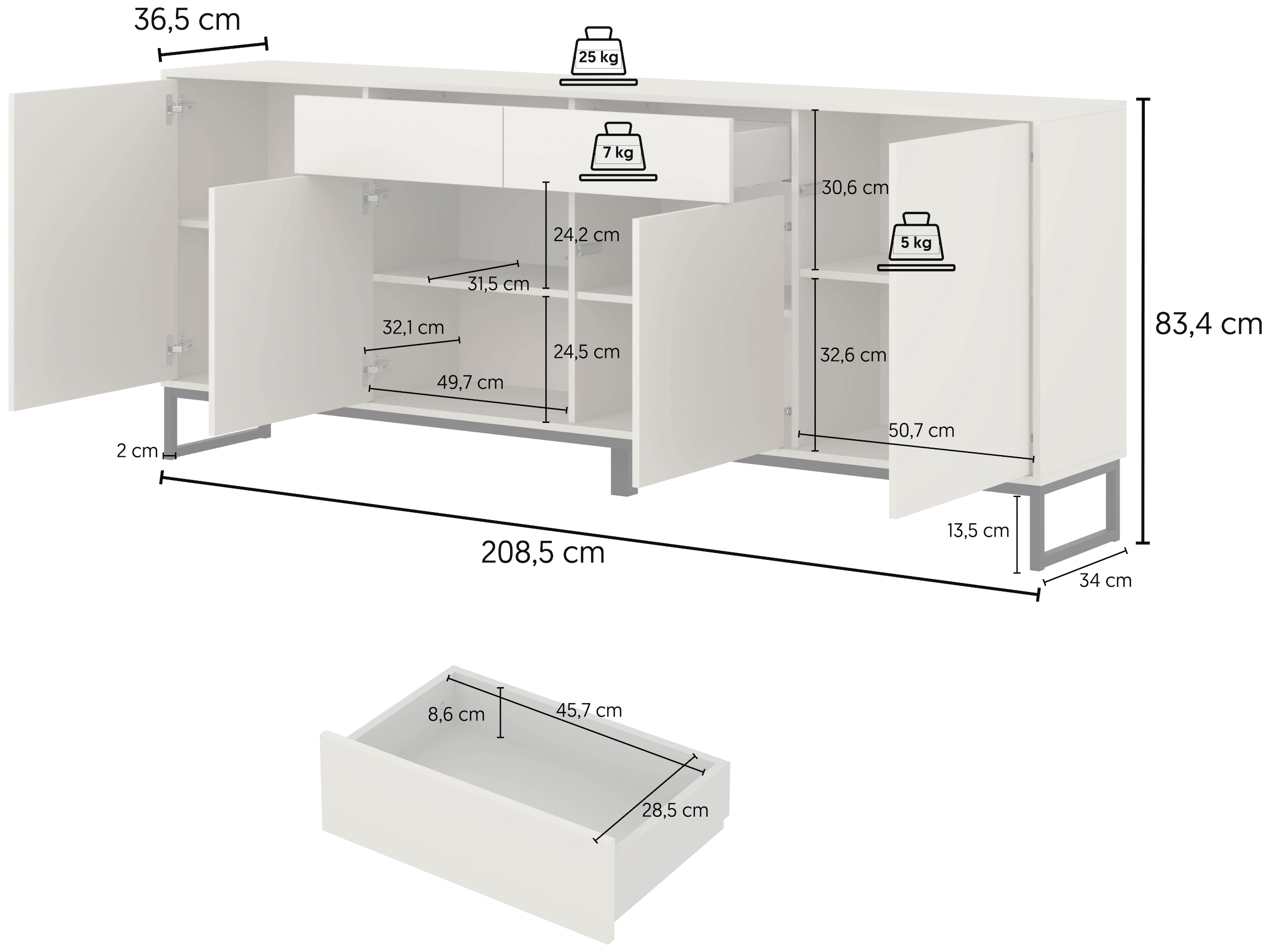 OTTO home Sideboard »Olbia, Breite 208,5 cm, grifflose Kommode 4 Türen/2 Schubkästen.« Schubladenkommode mit viel Stauraum, Einlegeböden verstellbar
