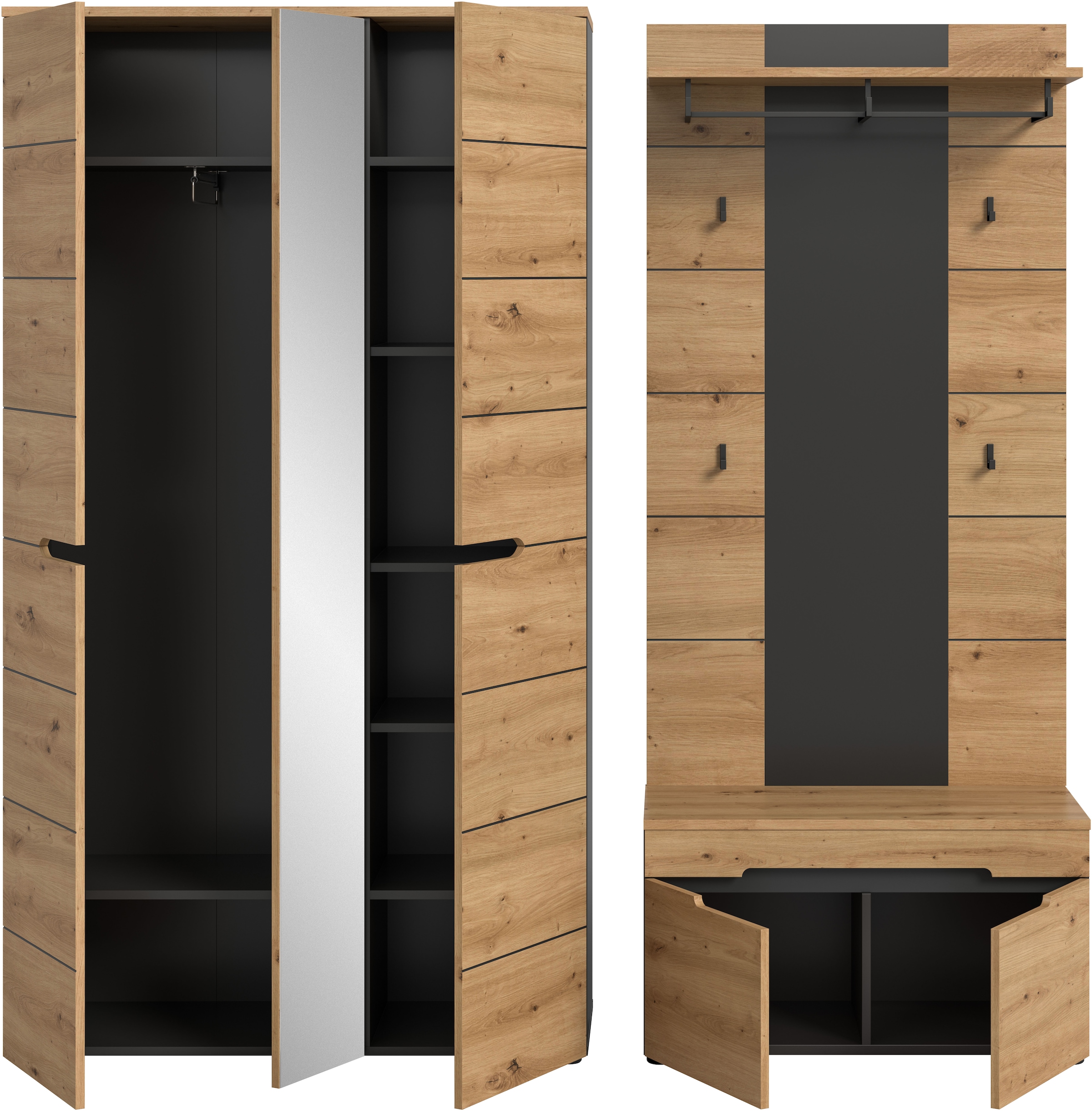 Home affaire Garderoben-Set »REHAT, TOPSELLER!, 3-teilig, Breite 200 cm, individuell stellbar« Set, best. aus: Garderobenschrank, Sitzbank & Garderobenpaneel, 3 Stk. tlg.