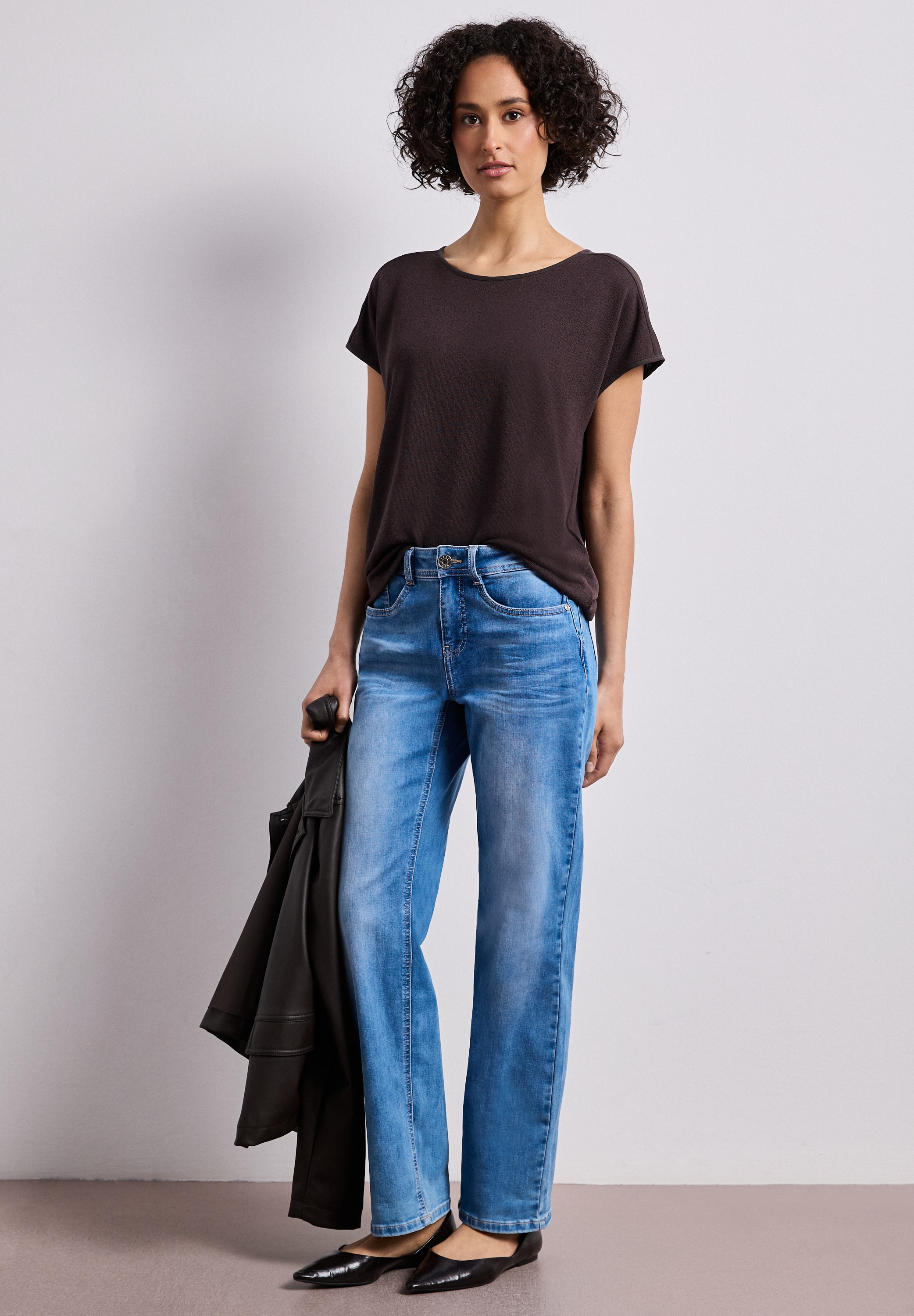 STREET ONE Shirttop unifarben, Sommershirt, in Strick-Optik