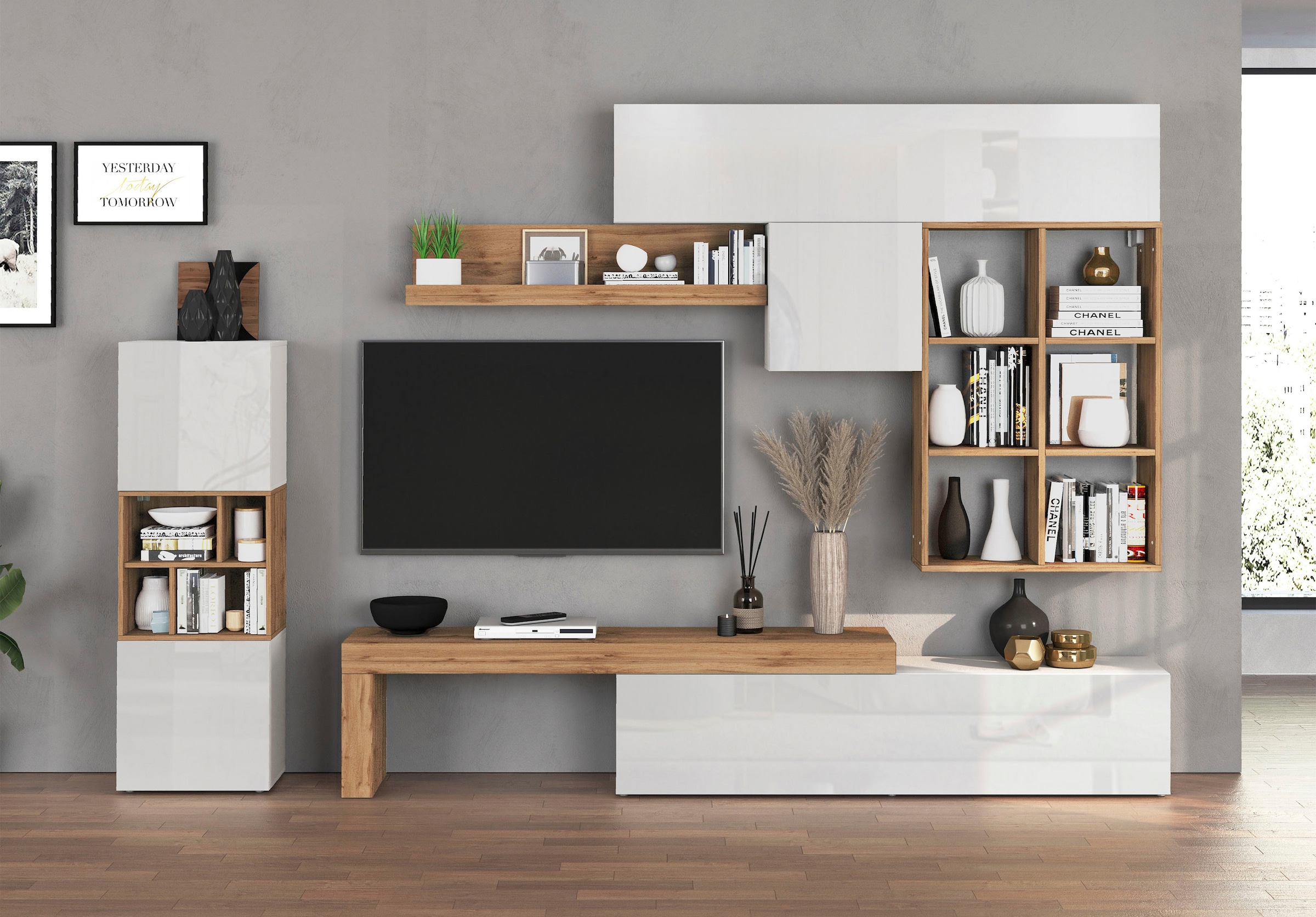 INOSIGN Wohnwand »Chronos Wohnwand, Medienwand, 8-er set«, (Set, 8 St.), ca. 320 cm mit Hängeschränke, Würfel, Regal, Lowboard, Made in Italy