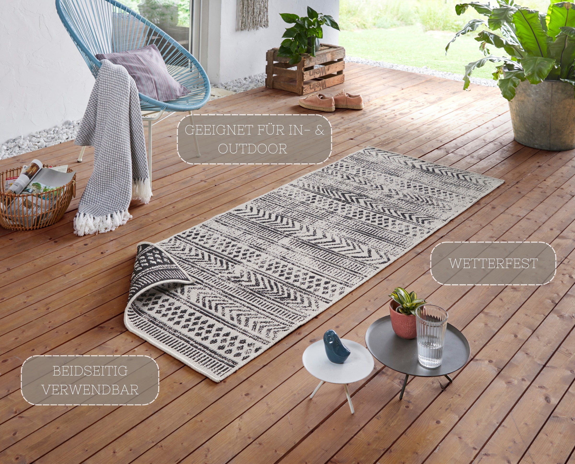 NORTHRUGS Teppich »BIRI Wendeteppich«, rechteckig, 5 mm Höhe, In-& Outdoor, Wetterfest, Balkon, Läufer, Wohnzimmer, Wasserfest, Boho