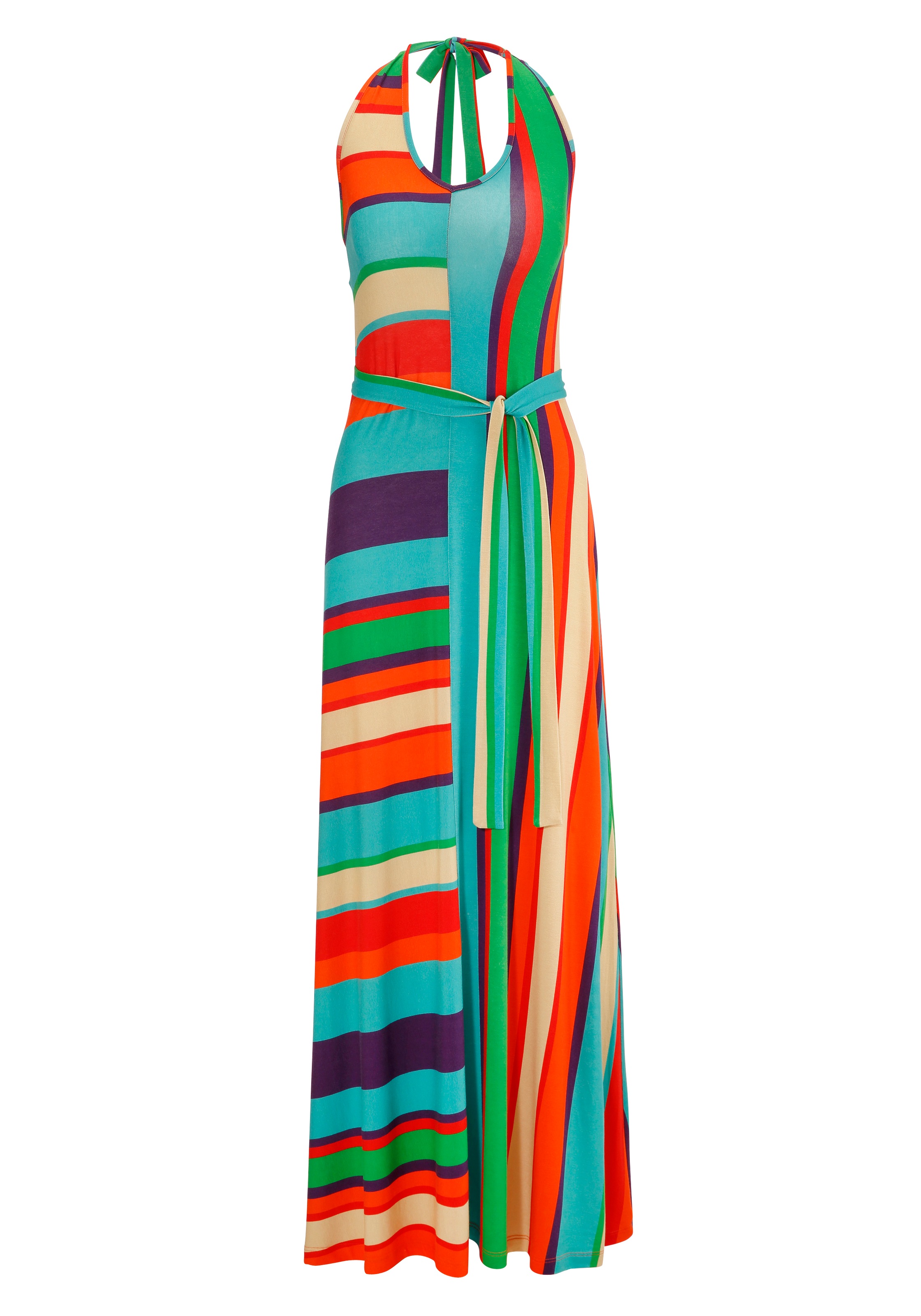 Aniston CASUAL Sommerkleid, (mit Bindegürtel), bunten Längs- und Querstreifen - jedes Teil 1 Unikat