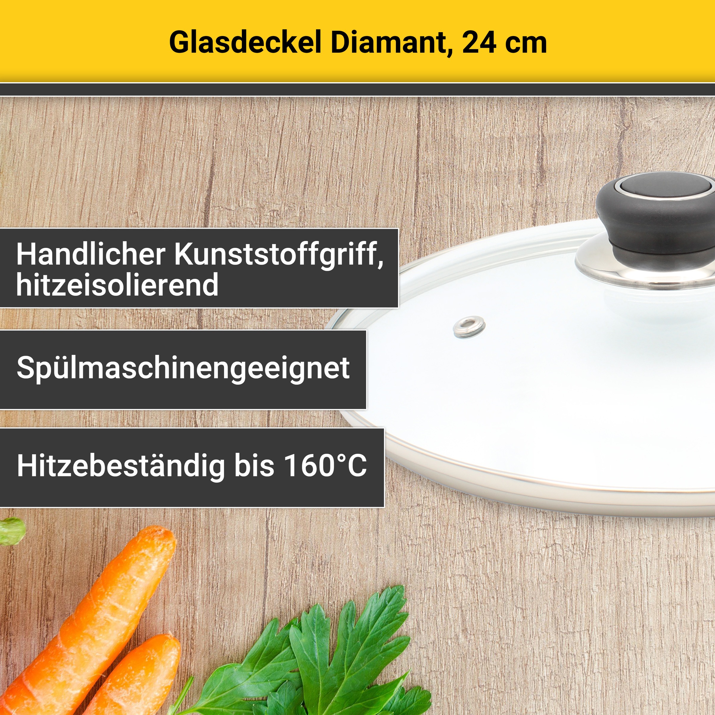Thumbnail - Krüger Deckel "Glasdeckel Diamant mit Kunststoffknopf" hitzebeständig bis 160C und spülmaschinengeeignet