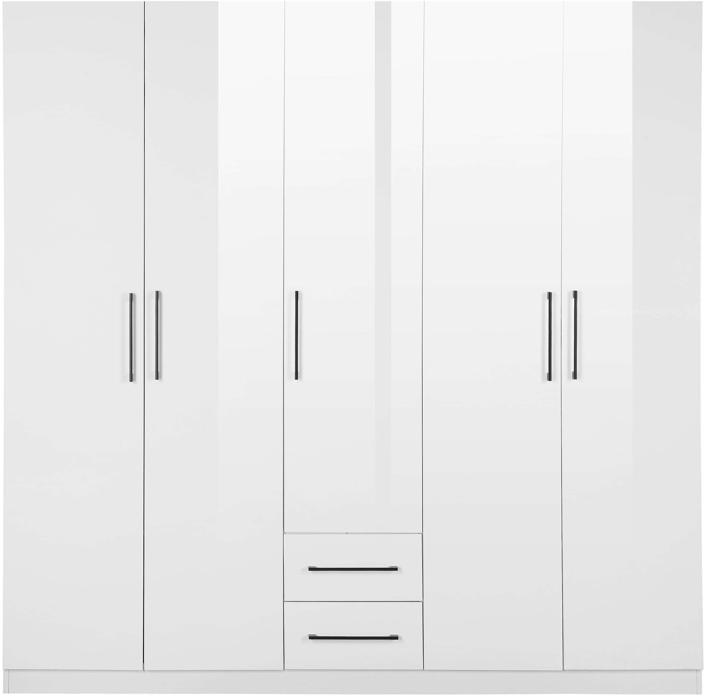 INOSIGN Kleiderschrank »Sylt Schlafzimmerschrank Garderobe Schrank TOPSELLER in hochglanz weiß«, (5 Türen, 2 Schubladen, schwarze moderne Griffe, 7 Einlegeböden), Drehtürenschrank mit perfekter Innenausstattung, Breite 200cm