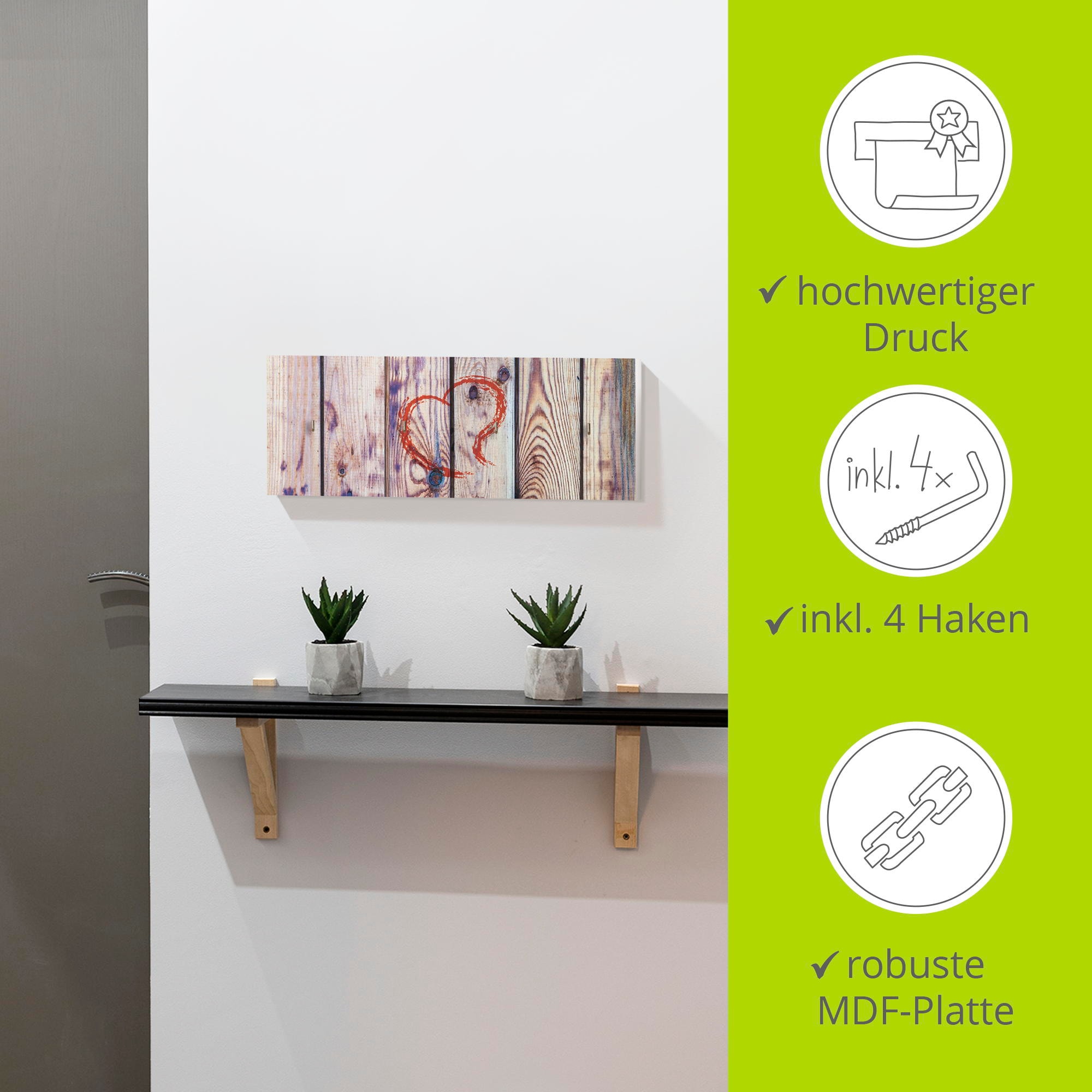 Artland Hakenleiste »Vintage Hintergrund Holzwand mit Herz«, MDF