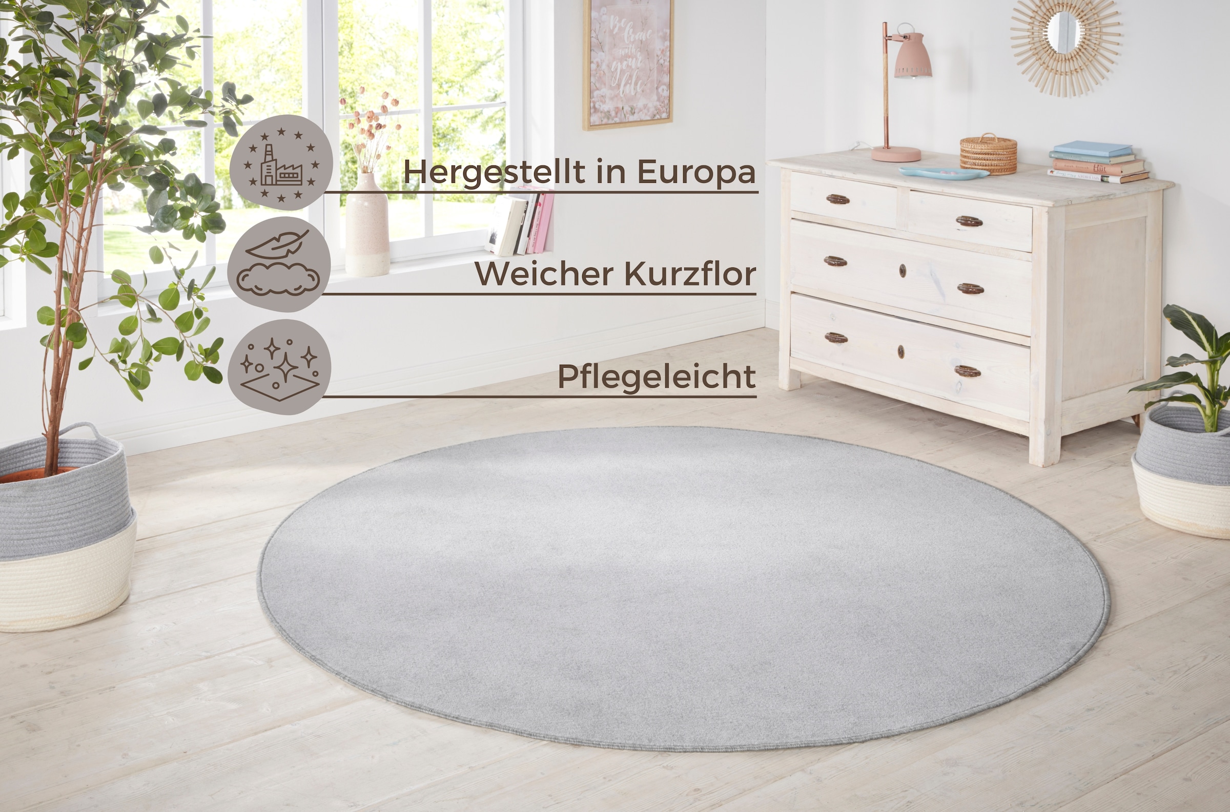 HANSE Home Teppich »Shashi«, rund, 8,5 mm Höhe, Kurzflor, Unifarben, Teppich, Weich, Esszimmer, Kinderzimmer, Flur