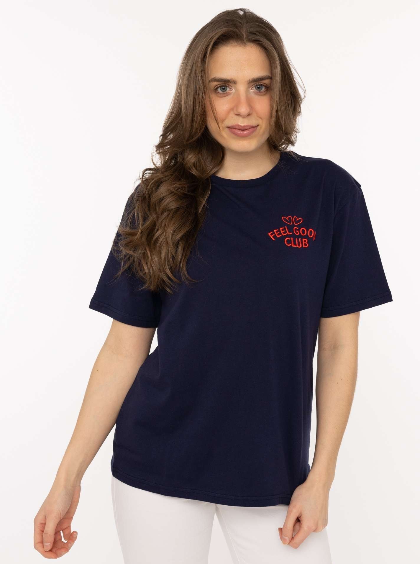 Zwillingsherz T-Shirt ""Feel Good Club"" Rundhals, einfarbig, kleine Sticke günstig online kaufen