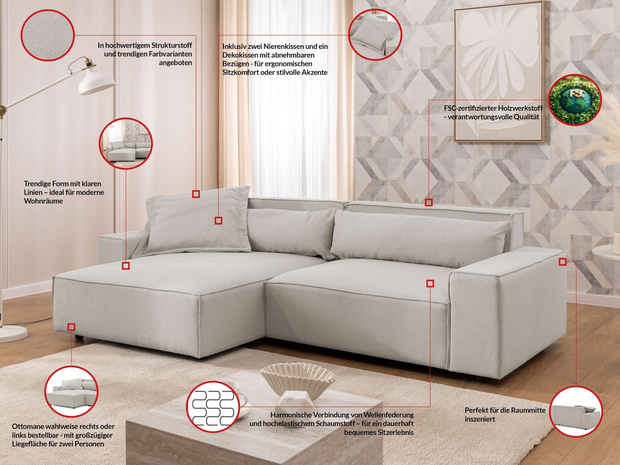 Thumbnail - OTTO home Ecksofa "KINLEE Design-Sofa mit Recamiere rechts/links, Maße B/T/H 251/144/70cm" L-Form mit Wellenunterfederun...