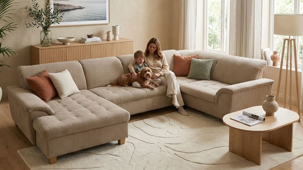 OTTO home Wohnlandschaft "Eggery 352 x 214 cm, auch mit Schlaffunktion & Bettkasten, Holzfüße" Kopfteile verstellbar, U-Form, aus Pet Friendly Cord