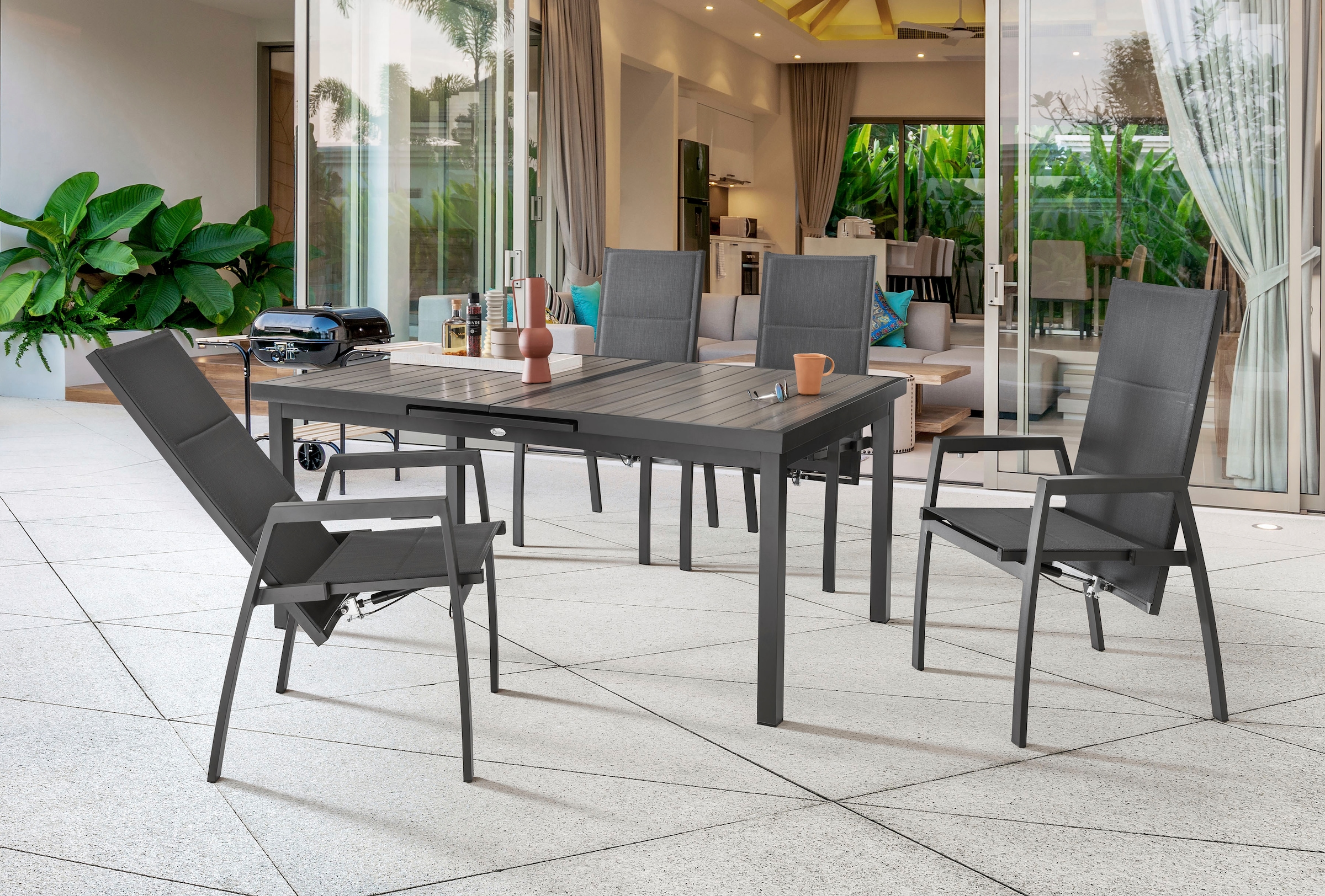 Destiny Garten-Essgruppe "COSTA HL IMOLA 4 HL + Ausziehtisch 165/215x100cm" Set, 5 Stk. tlg. Aluminium, Textilene, Polywood