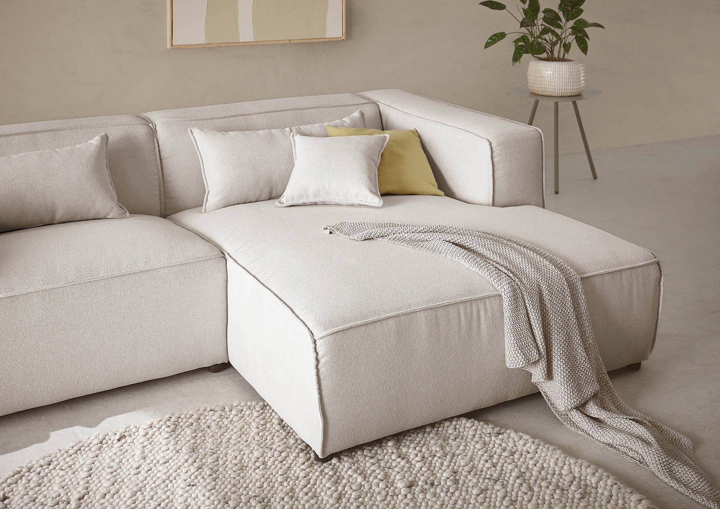 LeGer Home by Lena Gercke Ecksofa »PIARA mit Kedernaht in Cord oder Leinenoptik, moderne Couch in L-Form«, wahlweise Ottomane rechts/links, schwarze Füße, bequemer Sitzkomfort