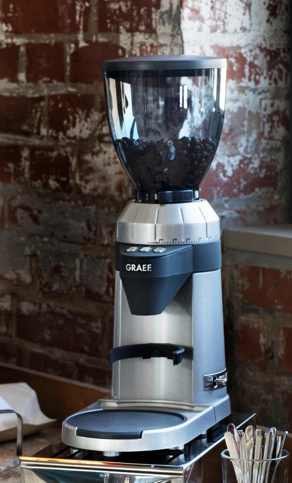 Graef Kaffeemühle »Kaffeemühle CM 900«, 128 W, Kegelmahlwerk, 350 g Bohnenbehälter, mit automatischer Dosierung, Aluminium Schaufelrad