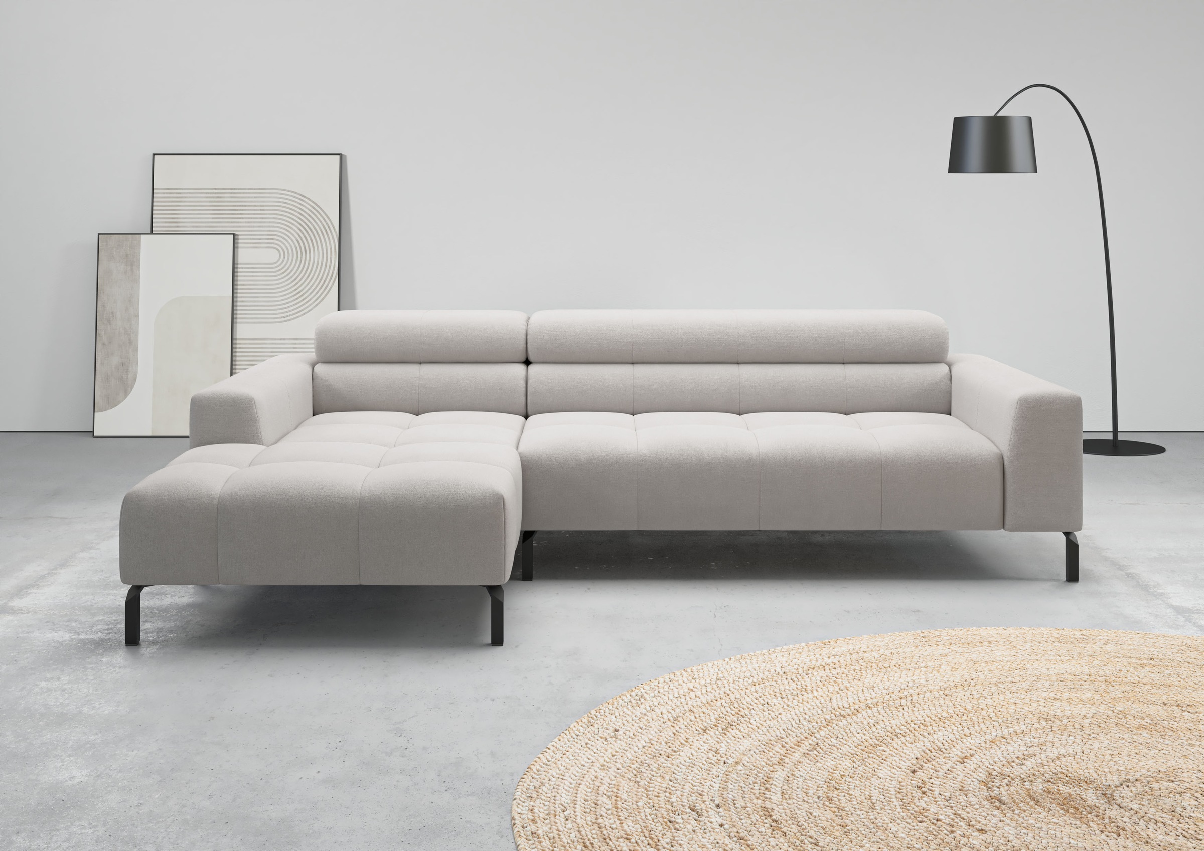 Ecksofa HOME AFFAIRE "Ecksofa Claya, L-Form, Kopfteilverstellung, Breite 258 cm", light grau, B:258cm H:71cm T:179cm, 100% Polyester, Sofas, Ecksofa, Moderne Steppung, weicher Polsteraufbau & saugroboterfreundliche Höhe 7