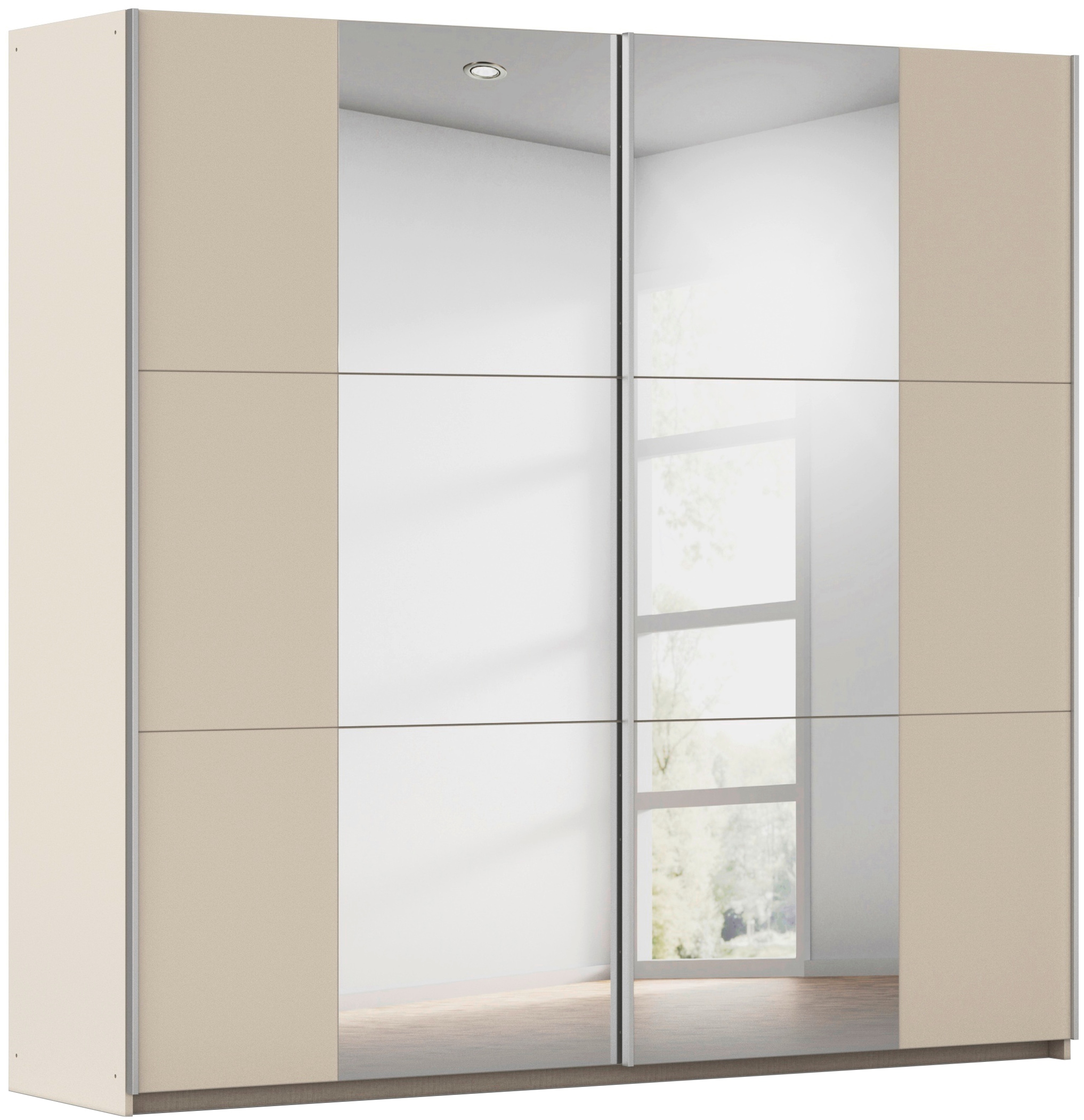 rauch Schwebetürenschrank "Kleiderschrank Drehtürenschrank Schrank Garderobe KRONACH" in 3 Ausstattungen BASIC/CLASSIC/PREMIUM, Breiten 131/175/218/261 cm, optional ohne, mit 1 oder 2 Spiegel, viel Stauraum MADE IN GERMANY
