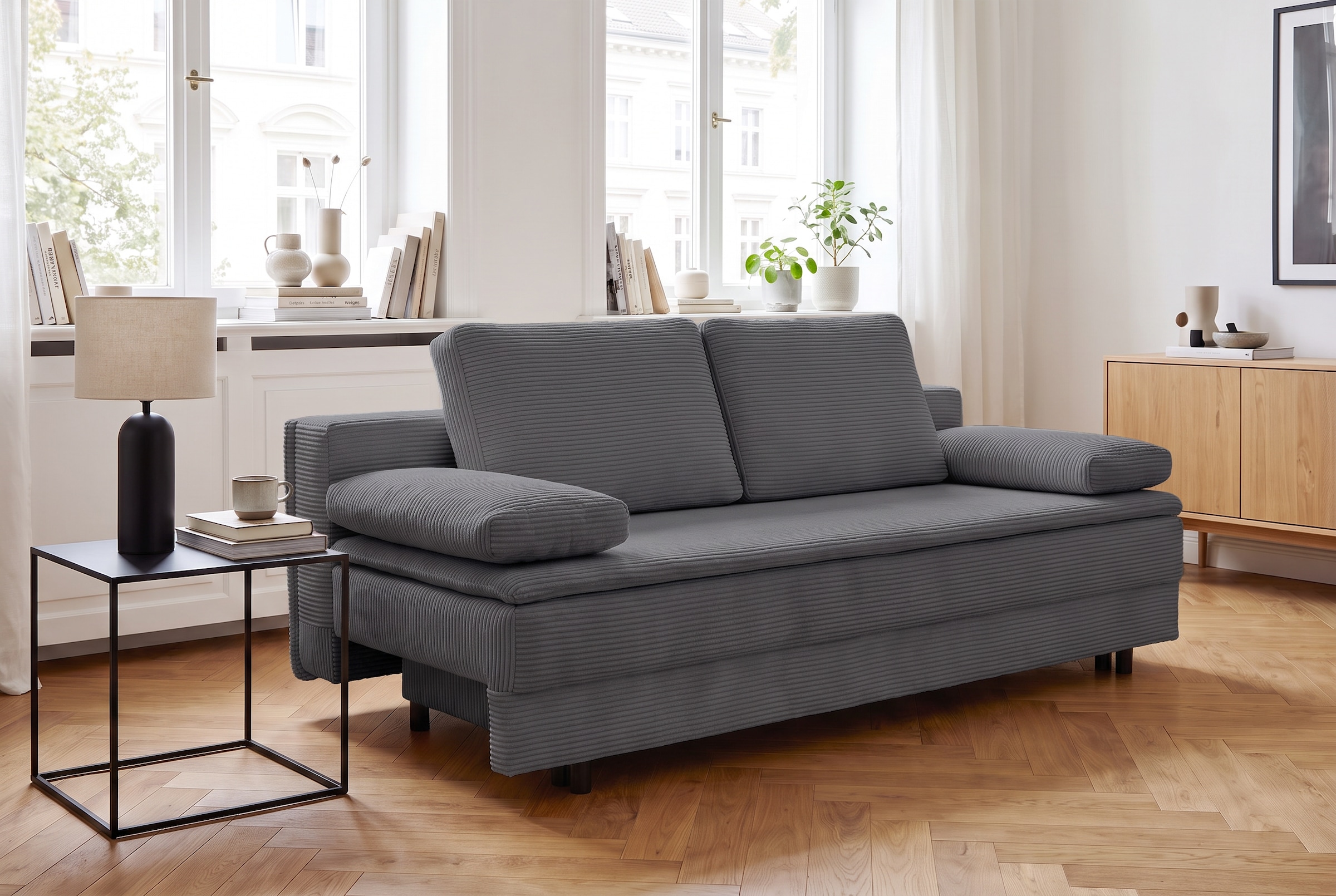 OTTO home Schlafsofa "JANNIKO Cord, Breite: 193 cm, Liegefläche 124x193 cm, softer Cord" mit Bettfunktion & Bettkasten, Matten-Polsterung