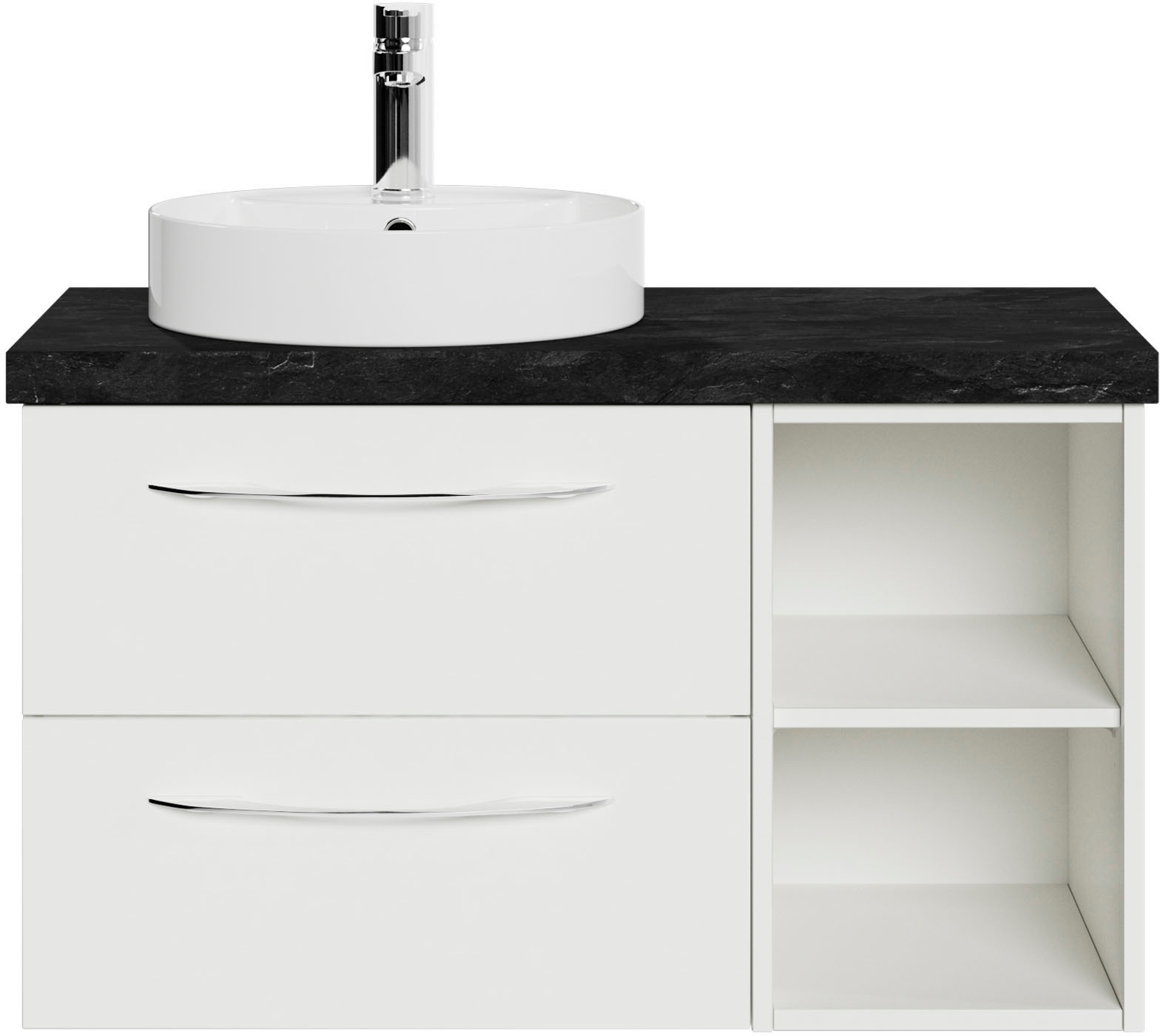 Saphir 1100000002199 "Serie 4035 Keramik-Aufsatzbecken mit Unterschrank, 88 cm breit" Waschplatz mit 2 Schubladen, Regalfächer, Griffe in Chrom Glanz