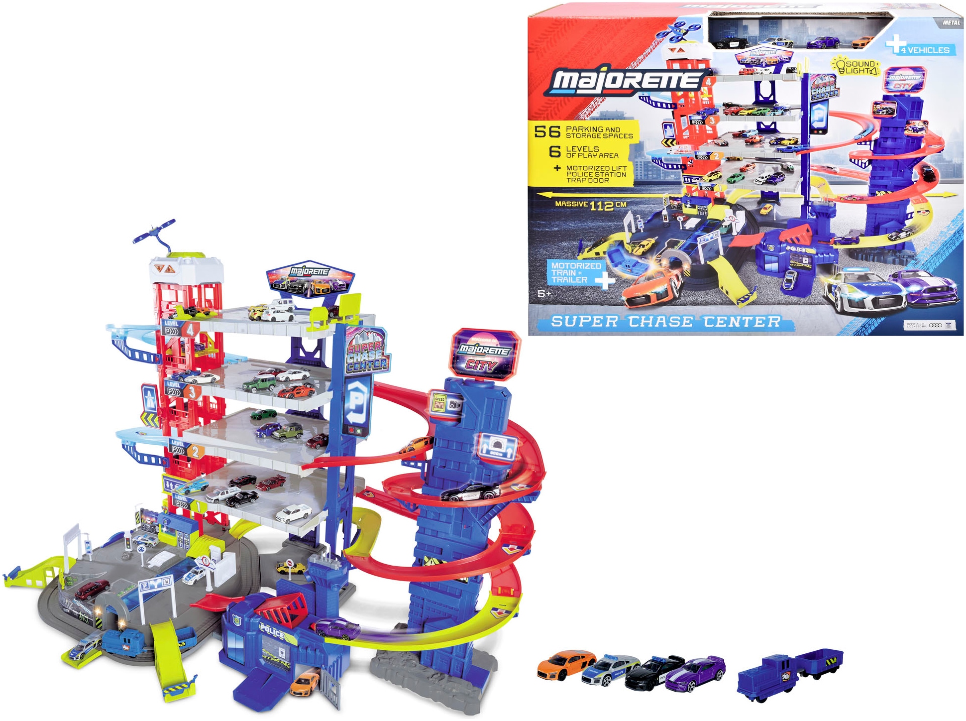 MAJORETTE Kinder Spiel-Parkgarage "Super Chase Center", bunt, Kunststoff, B:112cm H:84cm T:70cm, Fahrzeug-Spielwelten, mit Licht und Sound