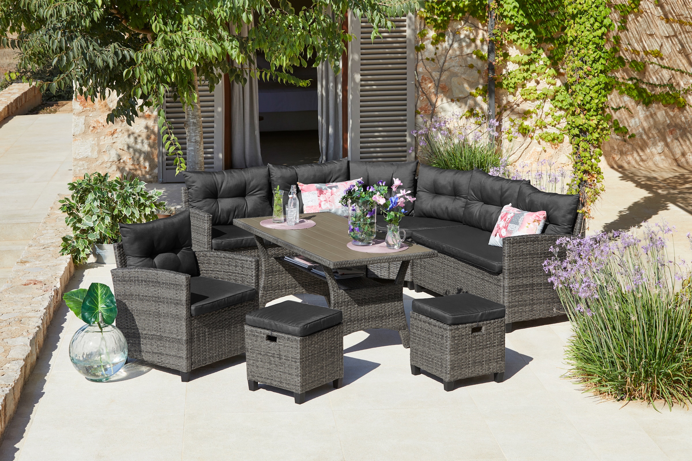 KONIFERA Gartenlounge-Set »Keros Premium«, (Set, 20 tlg., 2x 2er Sofa, 1x Ecke, 1x Sessel, 2x Hocker, 1x Tisch 145x75x67,5cm), Ecklounge, Polyrattan, Stahl, geeignet für 8 Personen, inkl. Auflagen