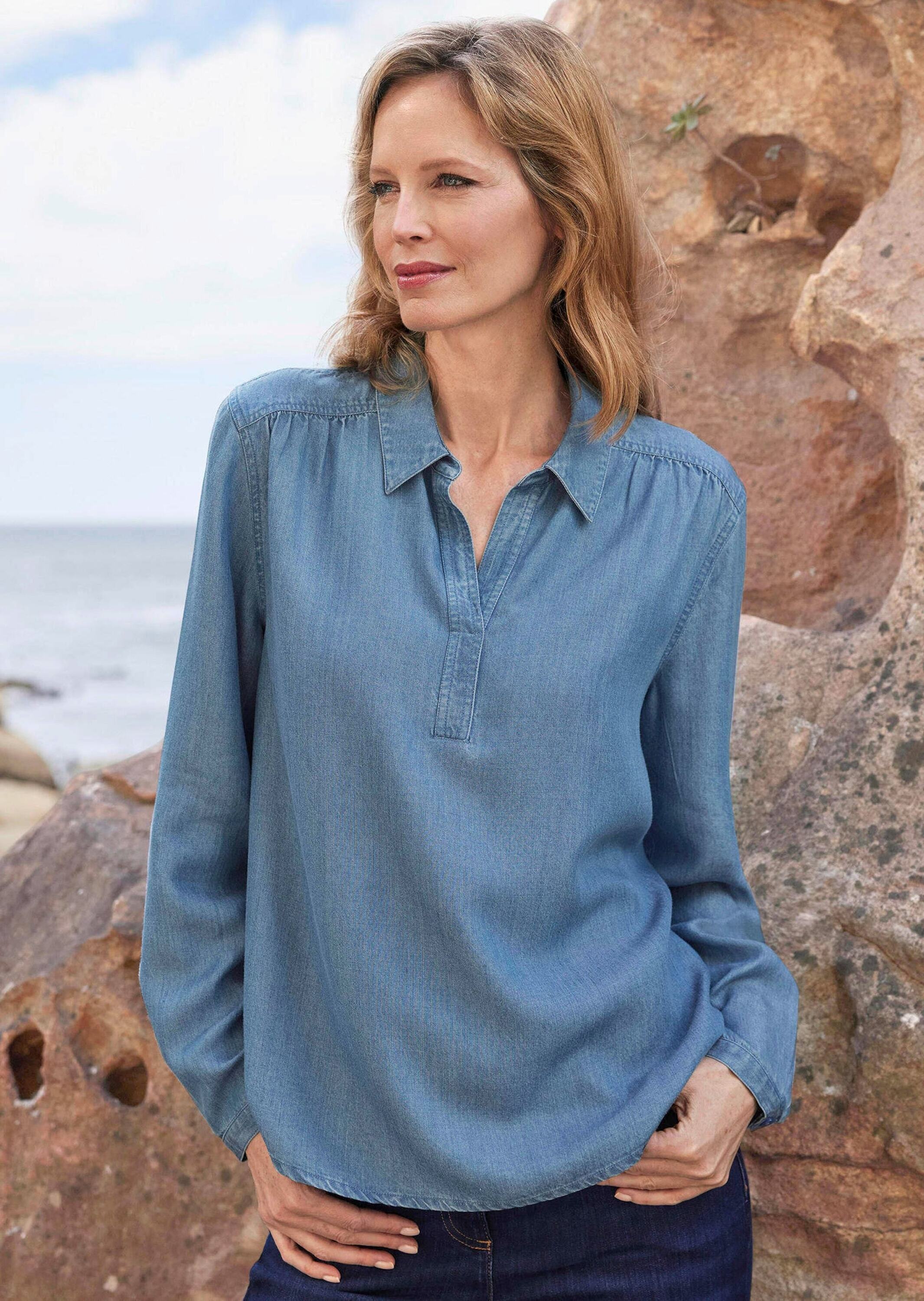 Goldner Klassische Denimbluse Blau 50 2
