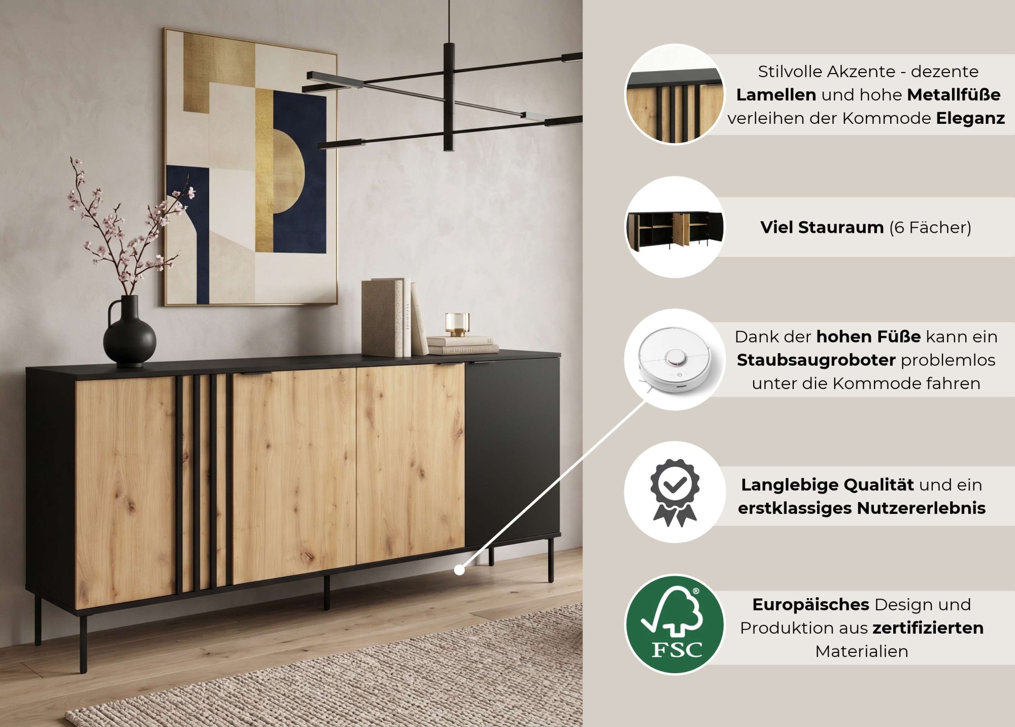 OTTO home Kommode »AELLOR Sideboard mit 4 Türen, viel Stauraum« Schubkastenkommode mit 6 Fächer, modernes Design