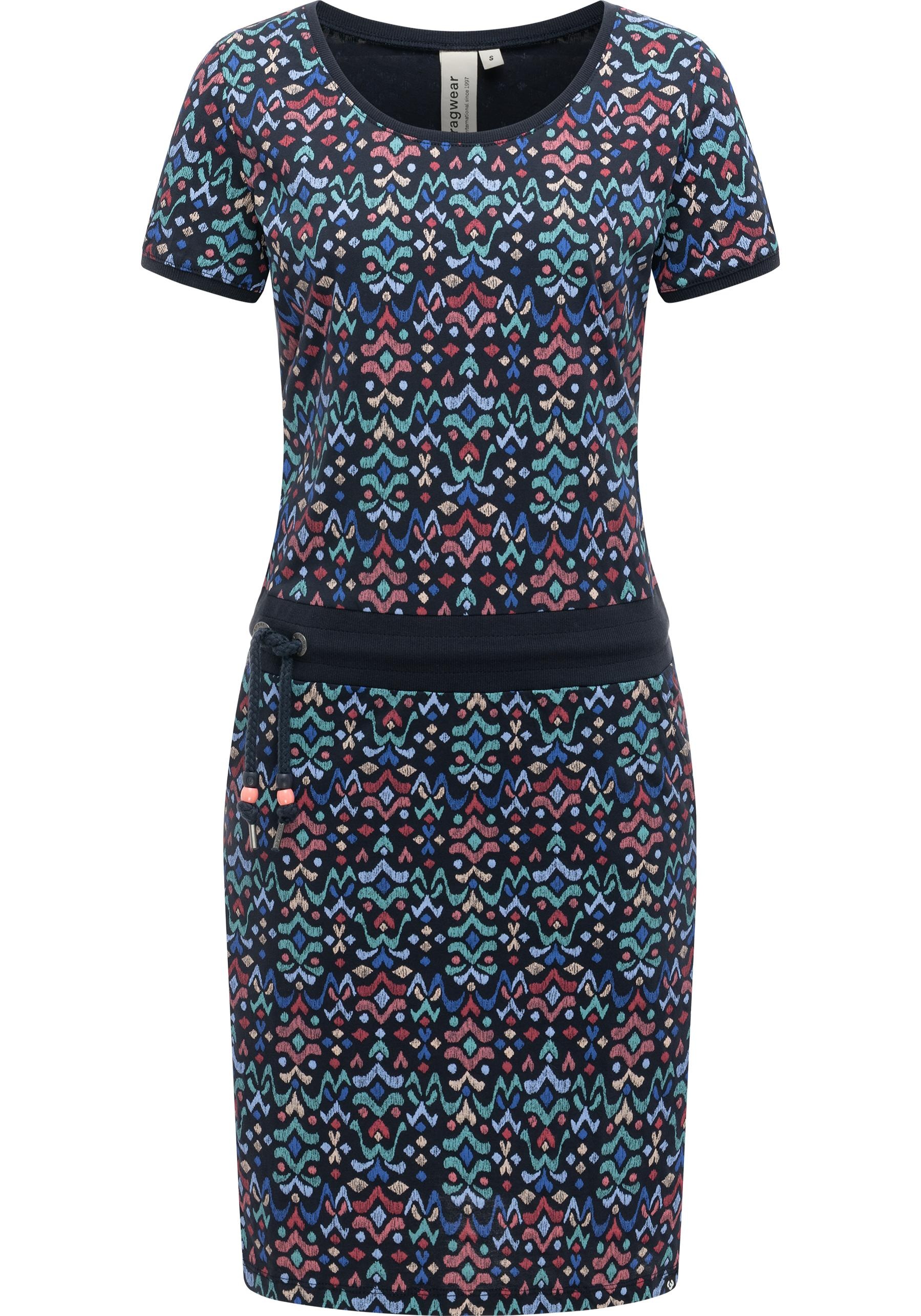 Minikleid RAGWEAR "Baomi Print YOUMODO", Damen, Gr. XXL (44), Normalgrößen, navy, Sweatware, Material: 100% Baumwolle, tailliert ca. Mitte Oberschenkel, Rundhals, Ärmel ohne Ärmelschlitz Rippbündchen, Kleider Minikleid, Gemustertes kurzes Sommerkleid mit 