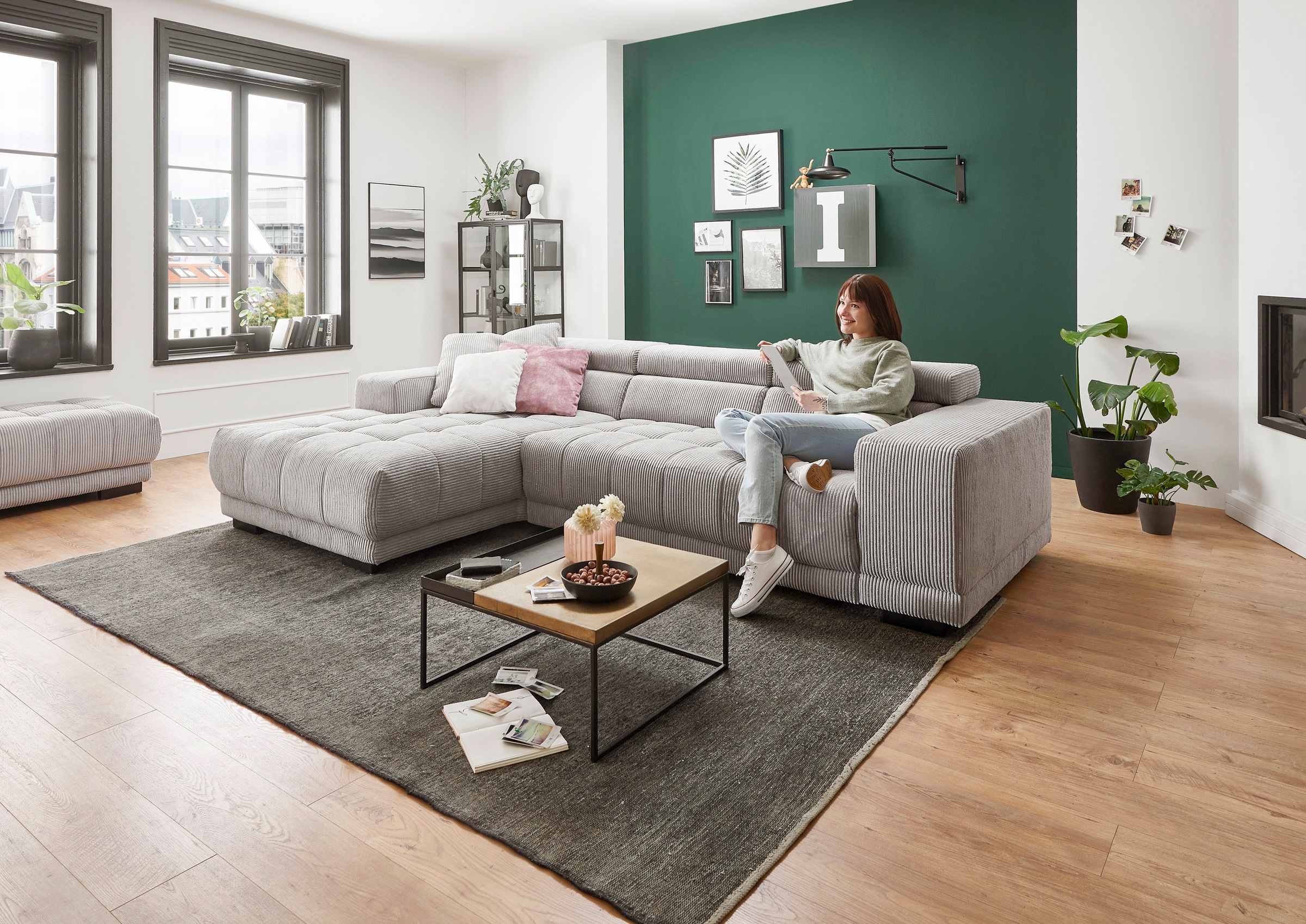 Ecksofa DIE PLANBAR "MP-IN15053 L-Form schmaler Schenkel", grau, B:303cm H:75cm T:190cm, 88% Polyester; 12% Polyamid, Sofas, Ecksofa, mit Kopfteilverstellung, wahlweise mit manueller Vorziehbank 7