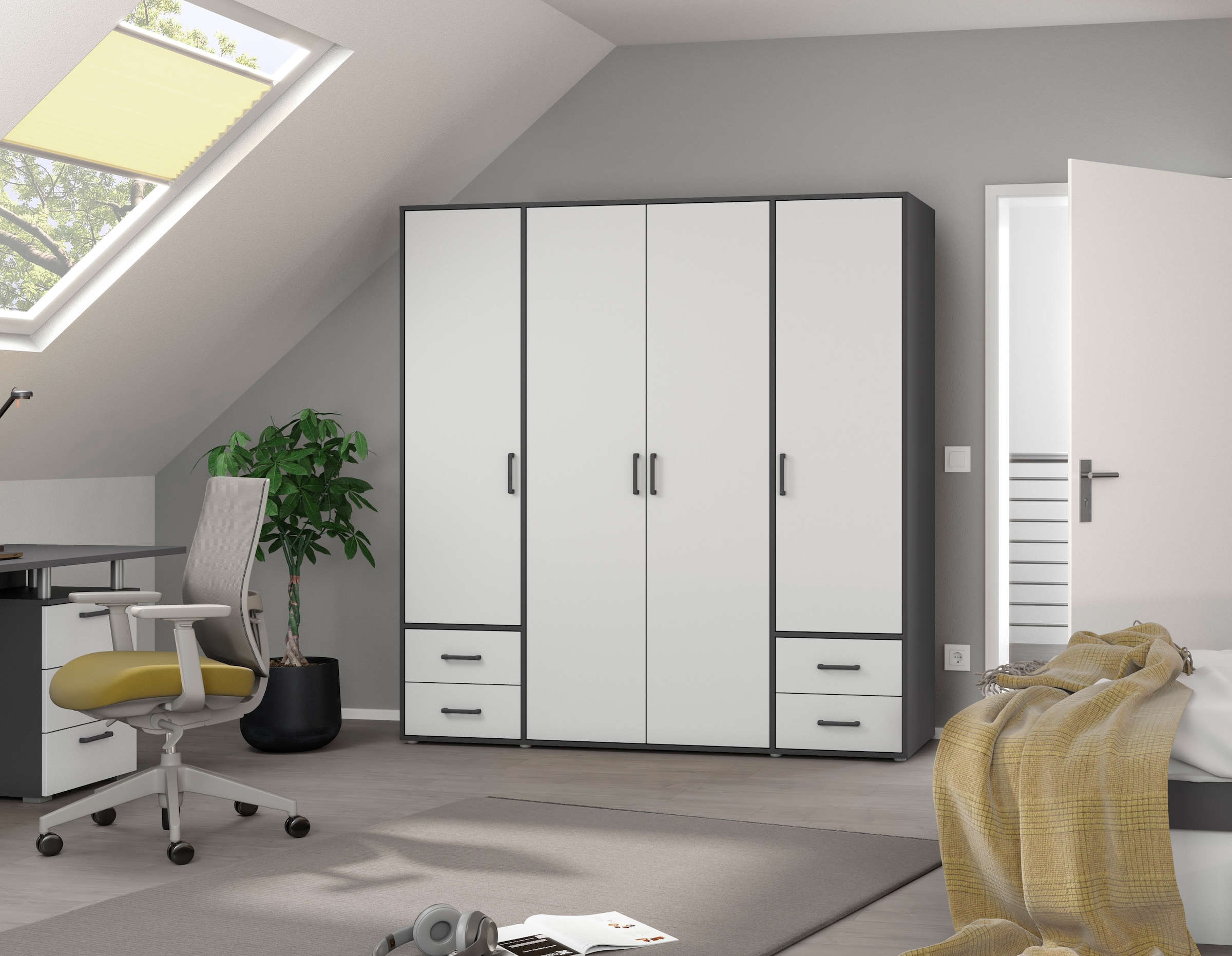 rauch Drehtürenschrank »Kleiderschrank Schrank Garderobe Wäscheschrank VOYAGER«, (in 3 verschiedenen Ausstattungen BASIC/CLASSIC/PREMIUM), moderne Griffe in Graumetallic mit Außenschubkästen MADE IN GERMANY
