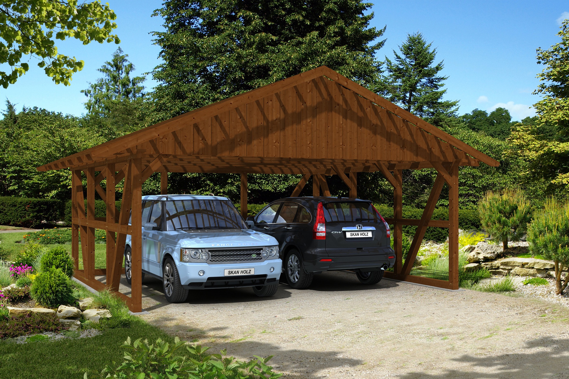 Skanholz Doppelcarport »Schwarzwald«, 560 cm, Nussbaum, mit Dachlattung