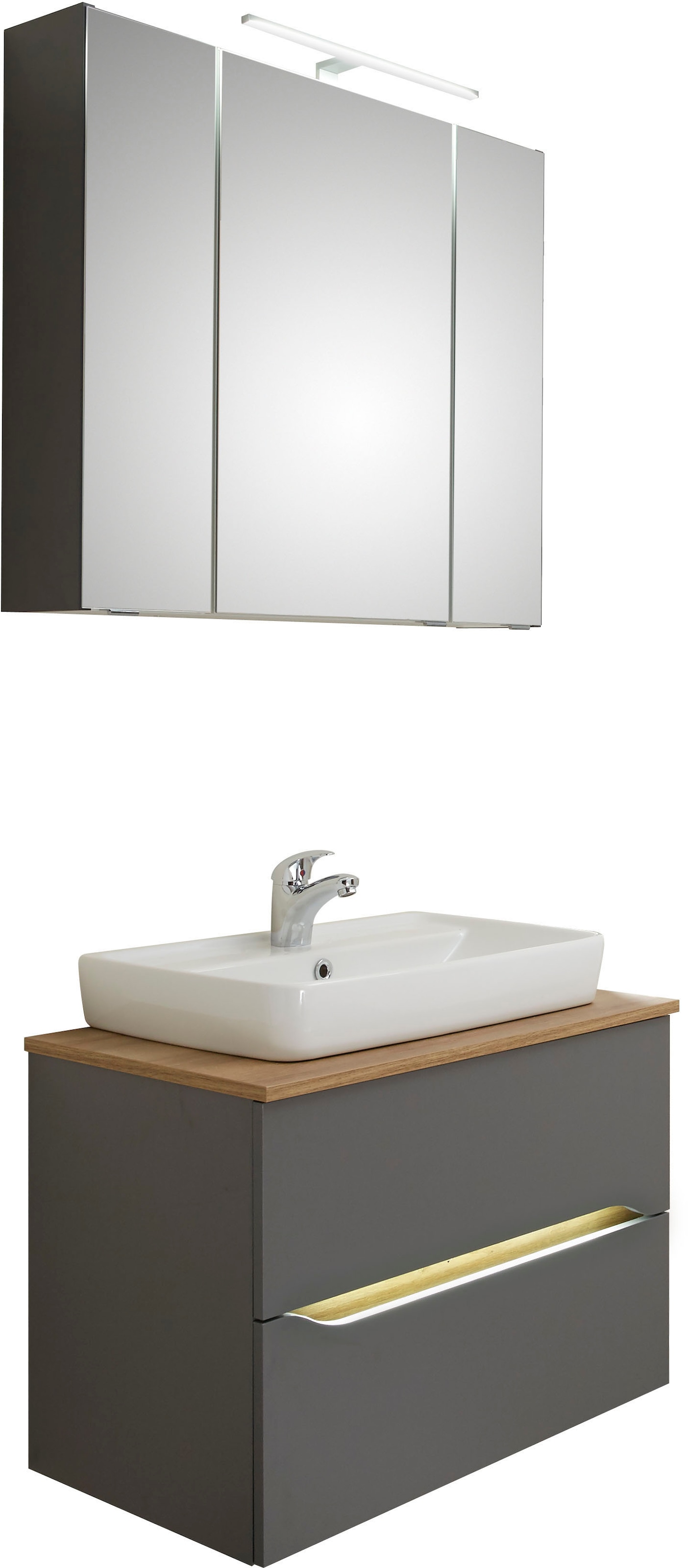 Saphir Badmöbel-Set »Quickset 2-teilig, Keramik-Aufsatzbecken mit LED-Spiegelschrank«, (5 St.), Waschplatz 80 cm breit, inkl. Türdämpfer, 3 Türen, 2 Schubladen