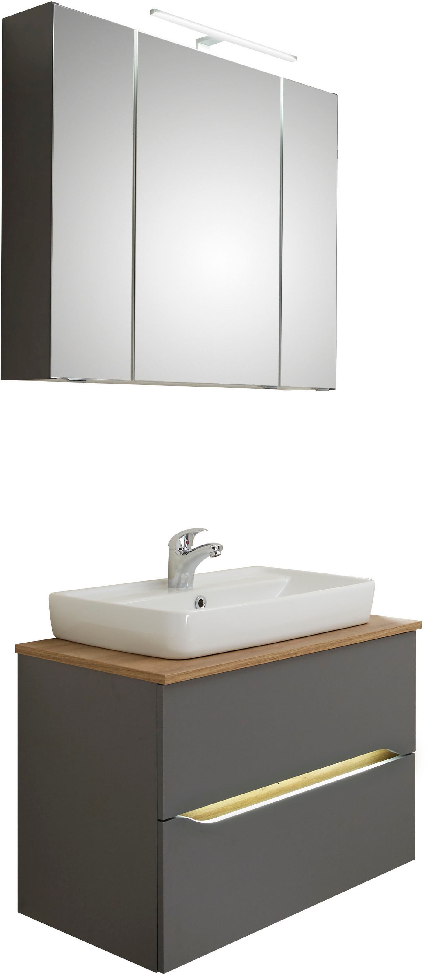 Thumbnail - Saphir Badmöbel-Set "Quickset 2-teilig, Keramik-Aufsatzbecken mit LED-Spiegelschrank" 5 Stk. tlg.