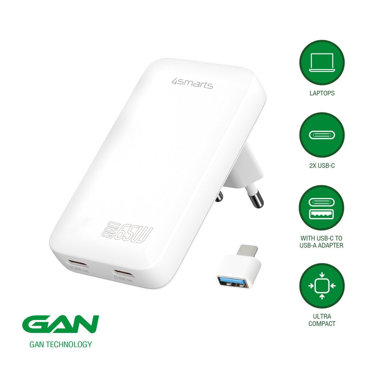 4smarts USB-Ladegerät »FlatPlug Slim Dual 65W GaN 2x USB-C«, extrem flaches Design