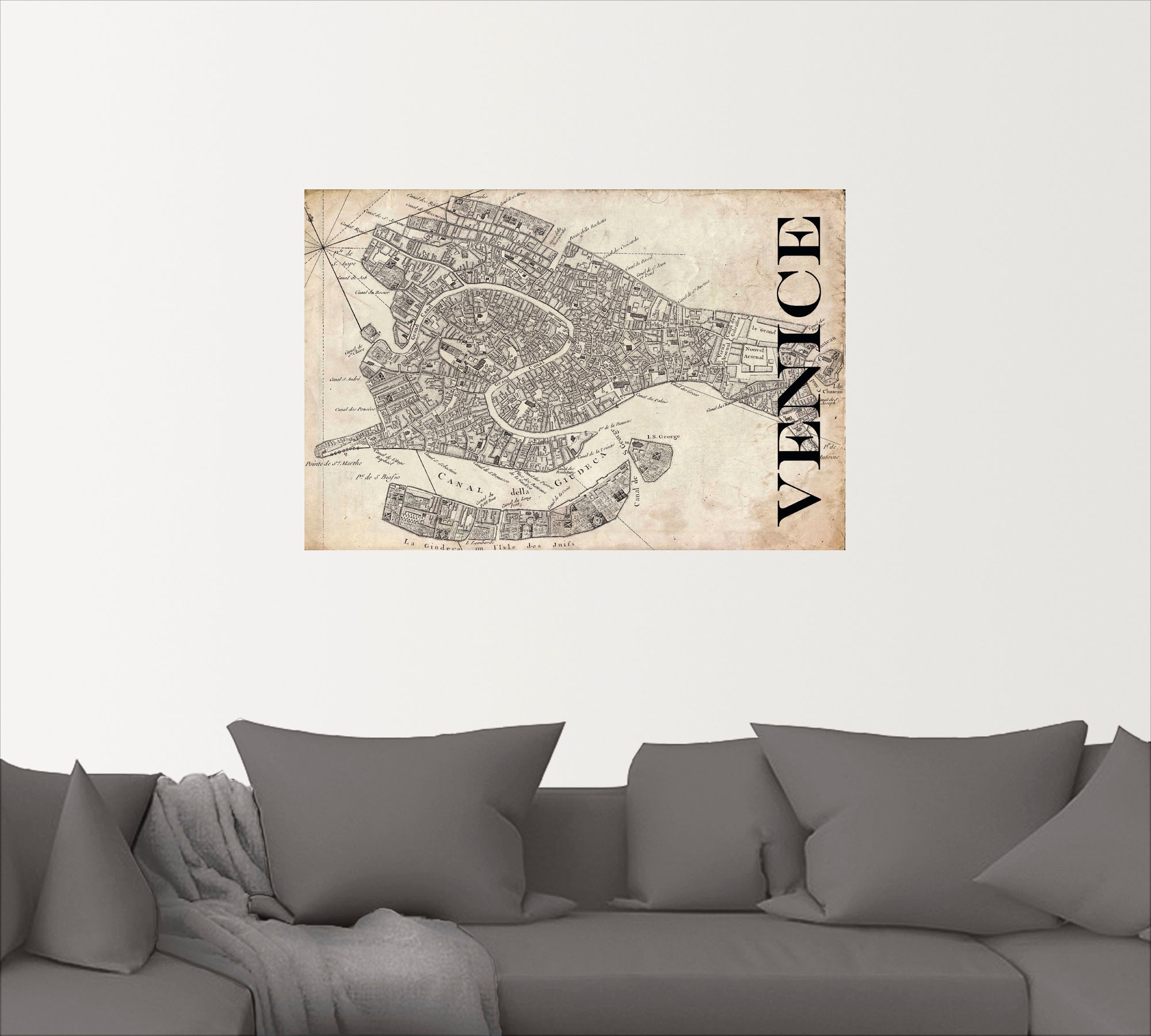 Artland Wandbild »Venedig Karte Straßen Karte Grunge«, Italien, (1 St.), als Alubild, Leinwandbild, Wandaufkleber oder Poster in versch. Größen