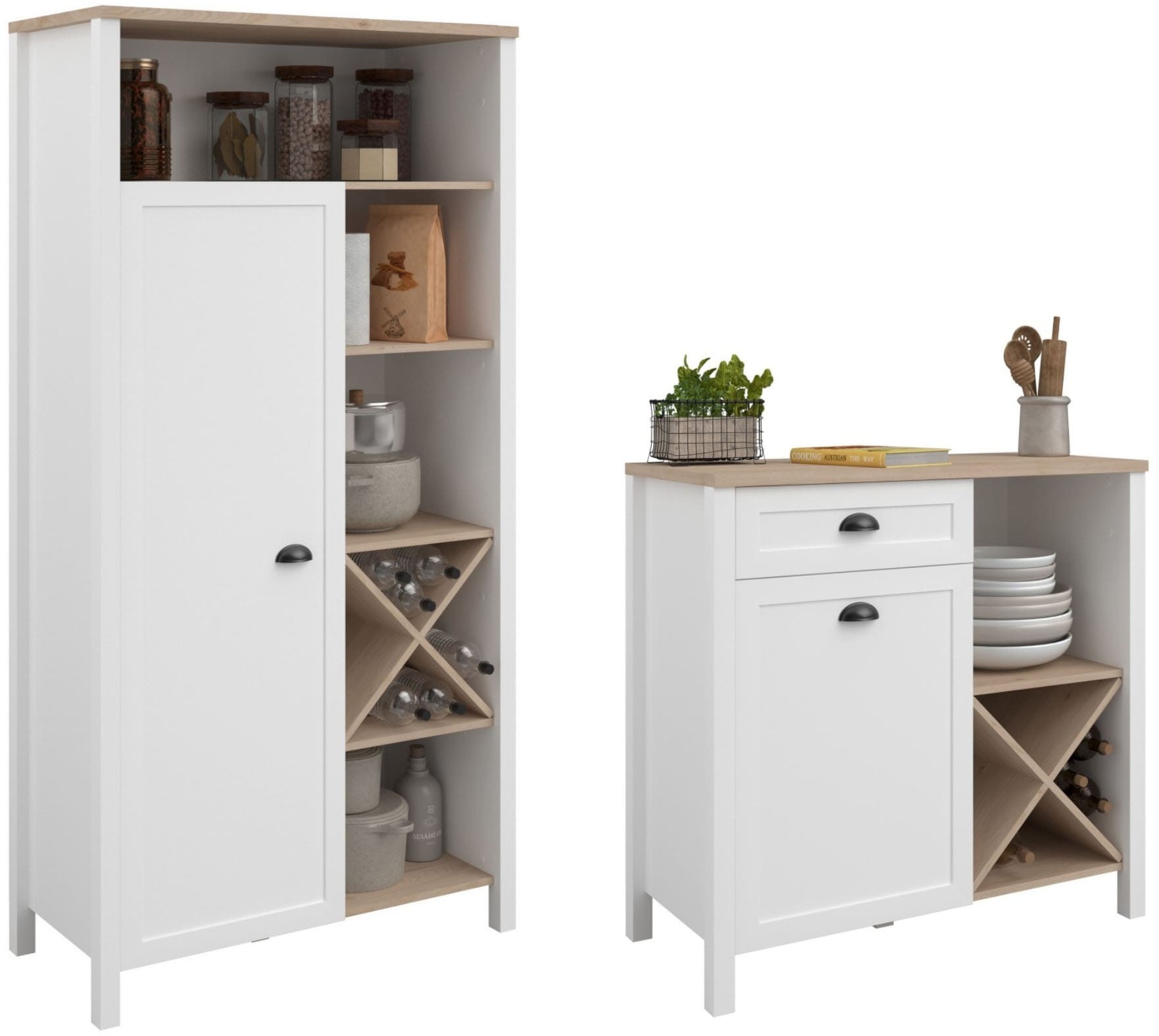Parisot Schrank-Set »Cottage 1«, (Set, 2 St., Buffet Schrank und Beistellschrank), Viel Stauraum, Flaschenregal, Metallgriffe, MDF, melaminbeschichtet