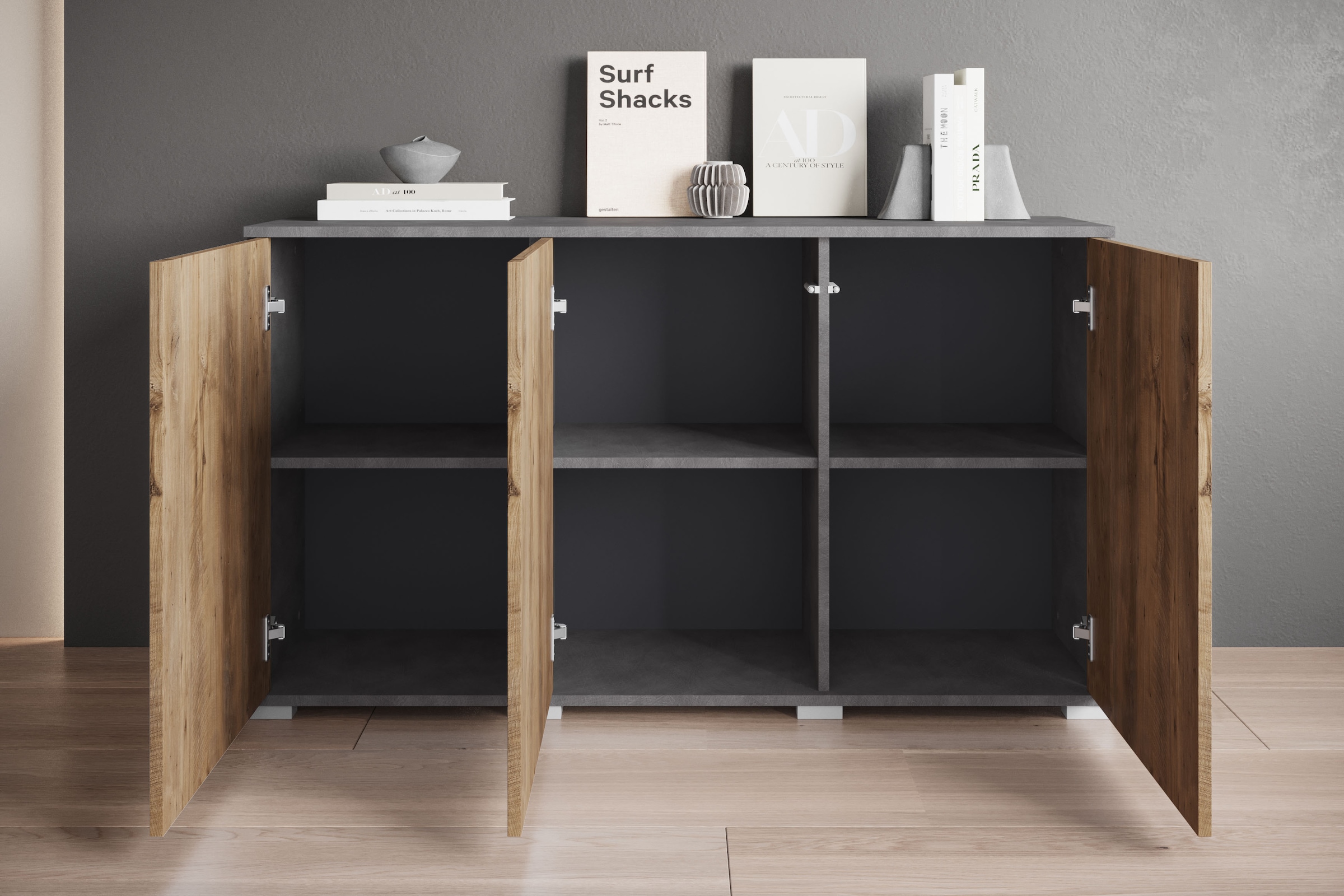 INOSIGN Sideboard »Kenia, moderne grifflose Kommode mit 3 Türen, Breite 120 cm«, (1 St.), Push-to-Open-Fronten, höhenverstellbaren Einlegeböden