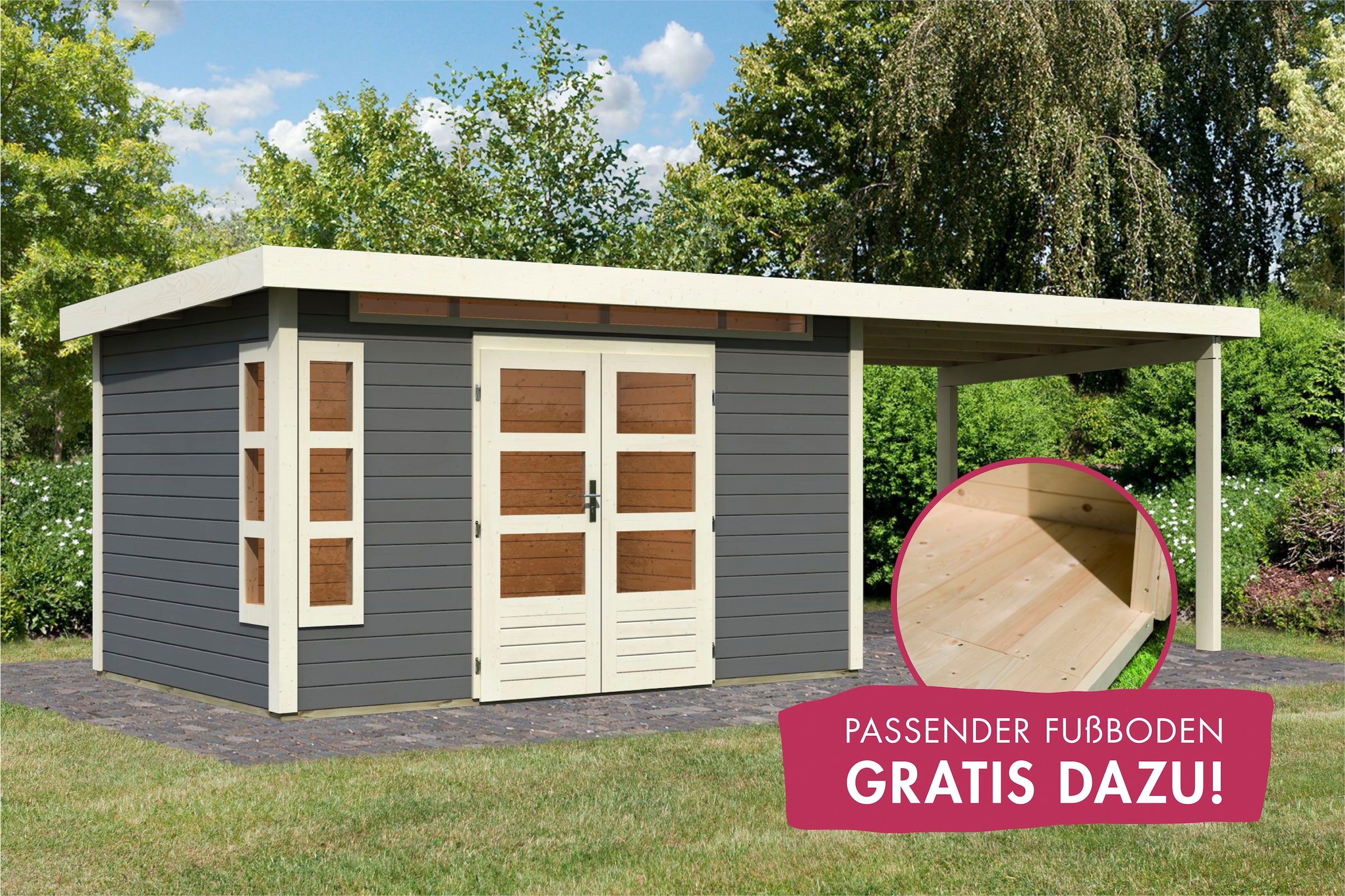 Karibu Gartenhaus "Kolimasee 7" mit Anbaudach 3,2 m, terragrau günstig online kaufen