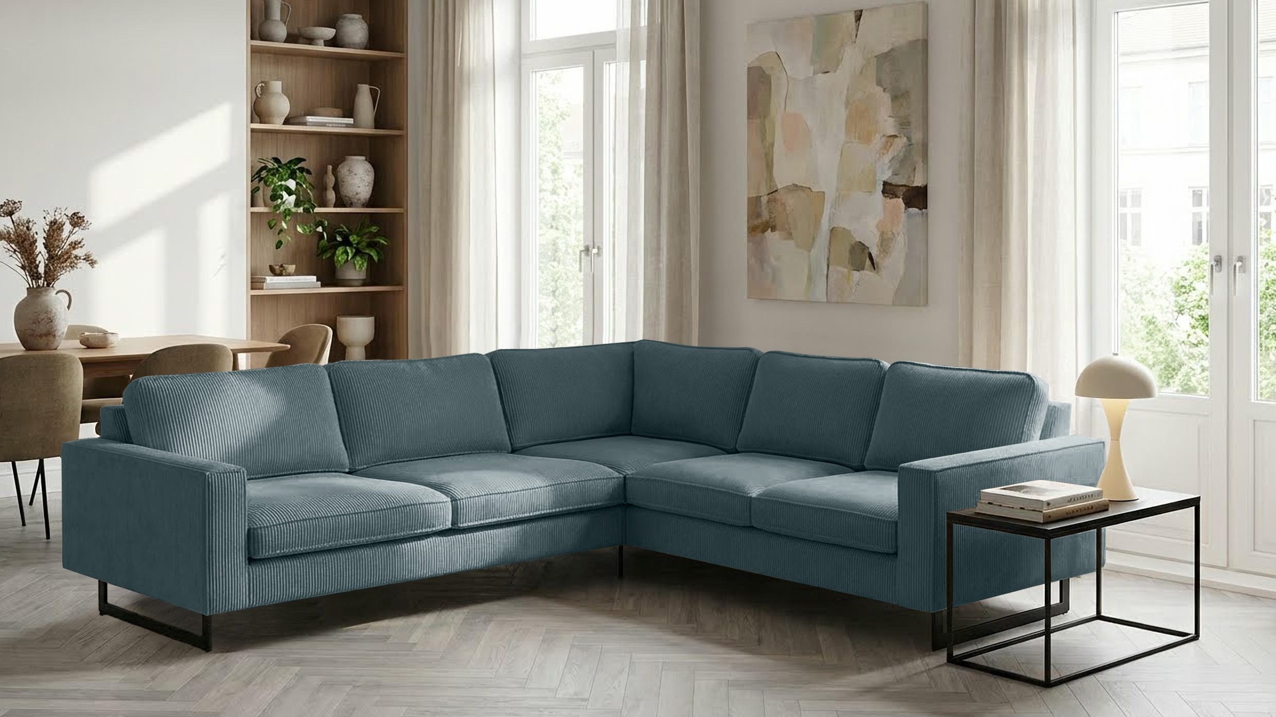 OTTO home Ecksofa "Pinto, XXL, 250/290 cm, langer Schenkel, Ottomane" Cord, Chenille, Lederoptik, mit Keder, Metallfüße, Wellenunterfederung
