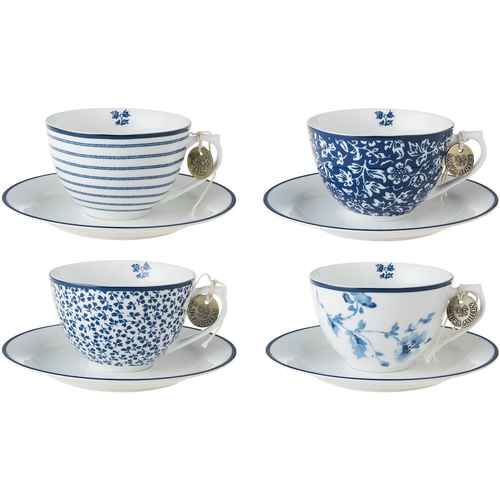 LAURA ASHLEY BLUEPRINT COLLECTABLES Cappuccinotasse »Mix Designs China Rose, Sweet Allysum, Floris, Candy Stripe«, (Set, 8 tlg., 4 Cappuccinotassen und 4 Unterteller)