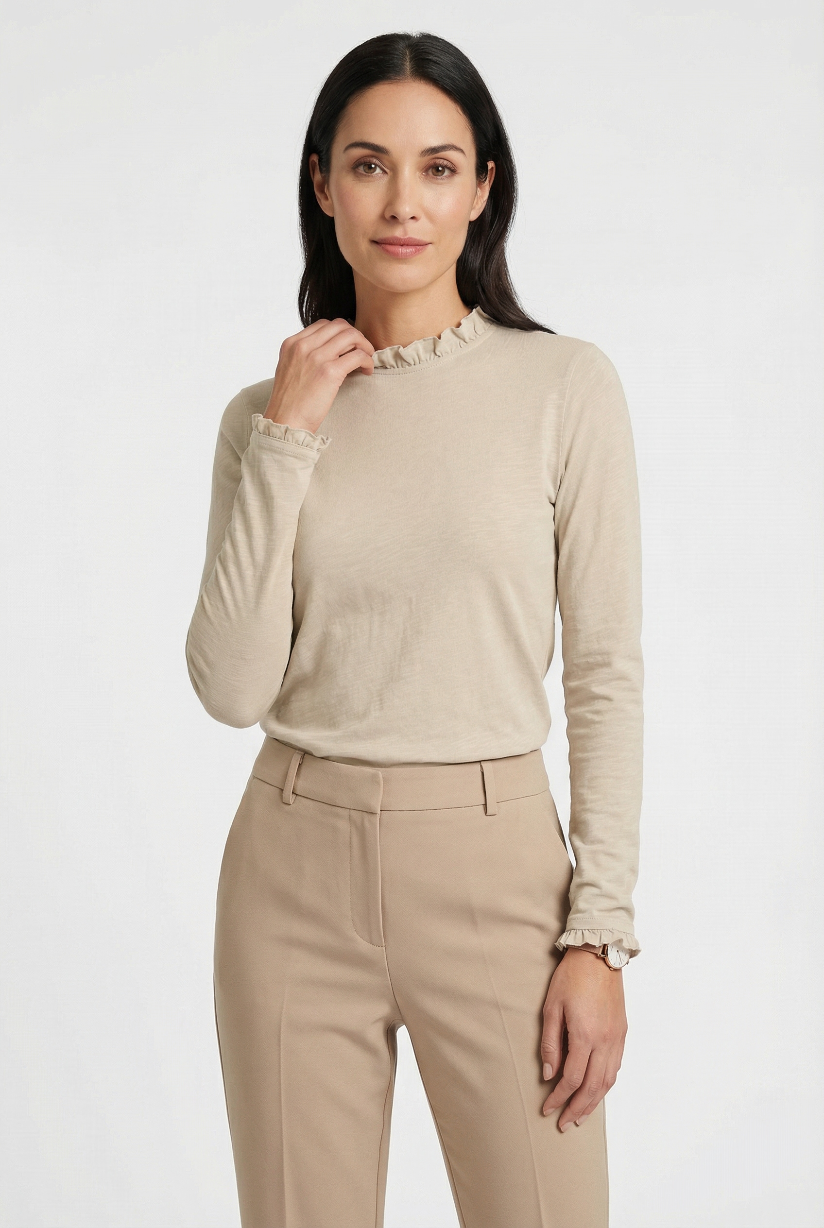 Langarmshirt RICHROYAL "2409 O Slub F LS", Damen, Gr. XL, braun (caffee latte), Single Jersey, Obermaterial: 100% Baumwolle, Shirts Langarmshirt, mit Rüschenkante an Ausschnitt und Ärmelsaum