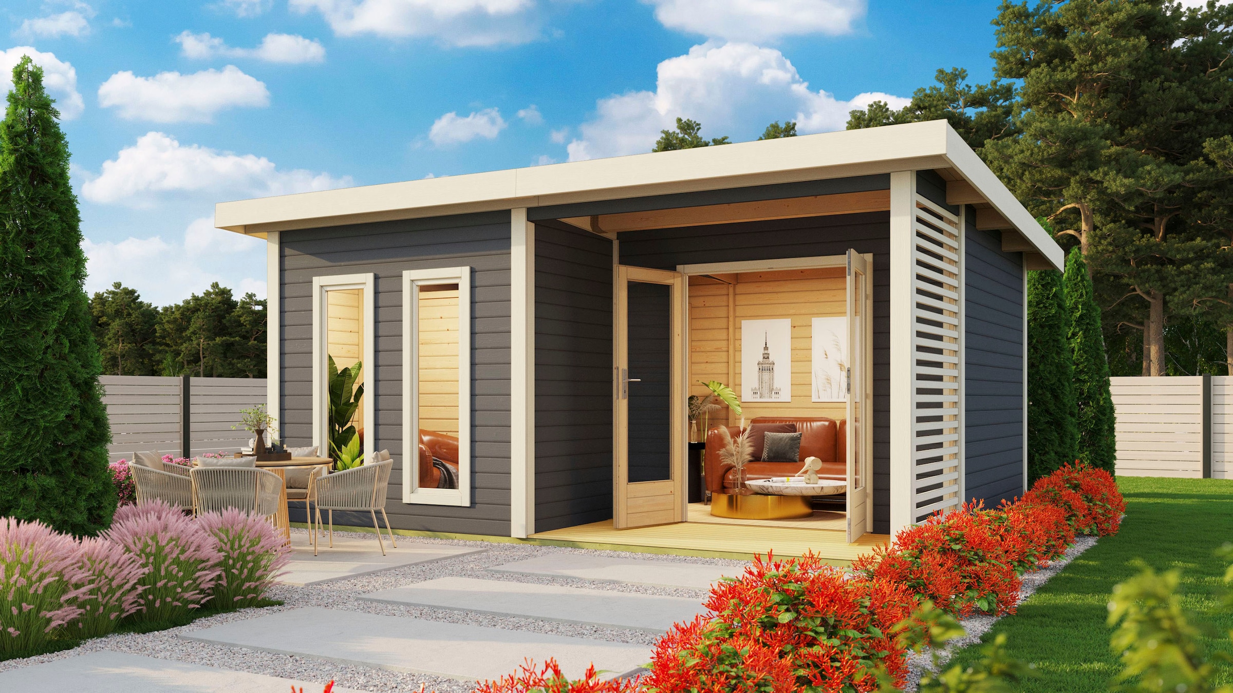 KONIFERA Saunahaus »Maiko 5 SET A«, terragrau, mit Ofen 9 kW Bio ext. Steuerung
