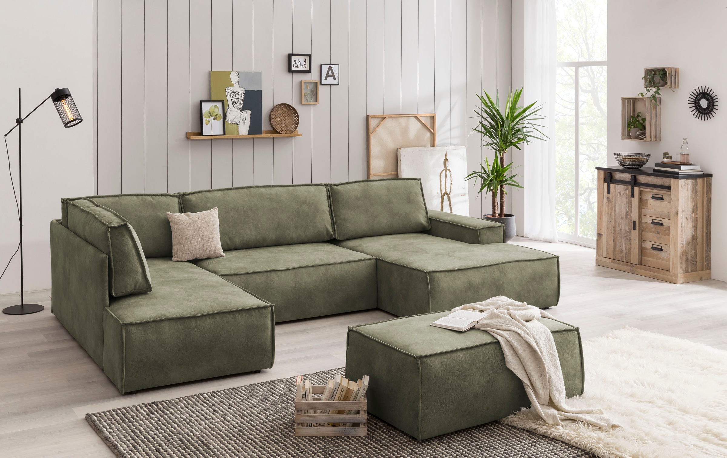 Home affaire Wohnlandschaft »SHERWOOD 329 cm, U-Form, Schlafsofa,«, Schlaffunktion m. Bettkasten (194x139 cm), Cord, Vintage, Samtvelours