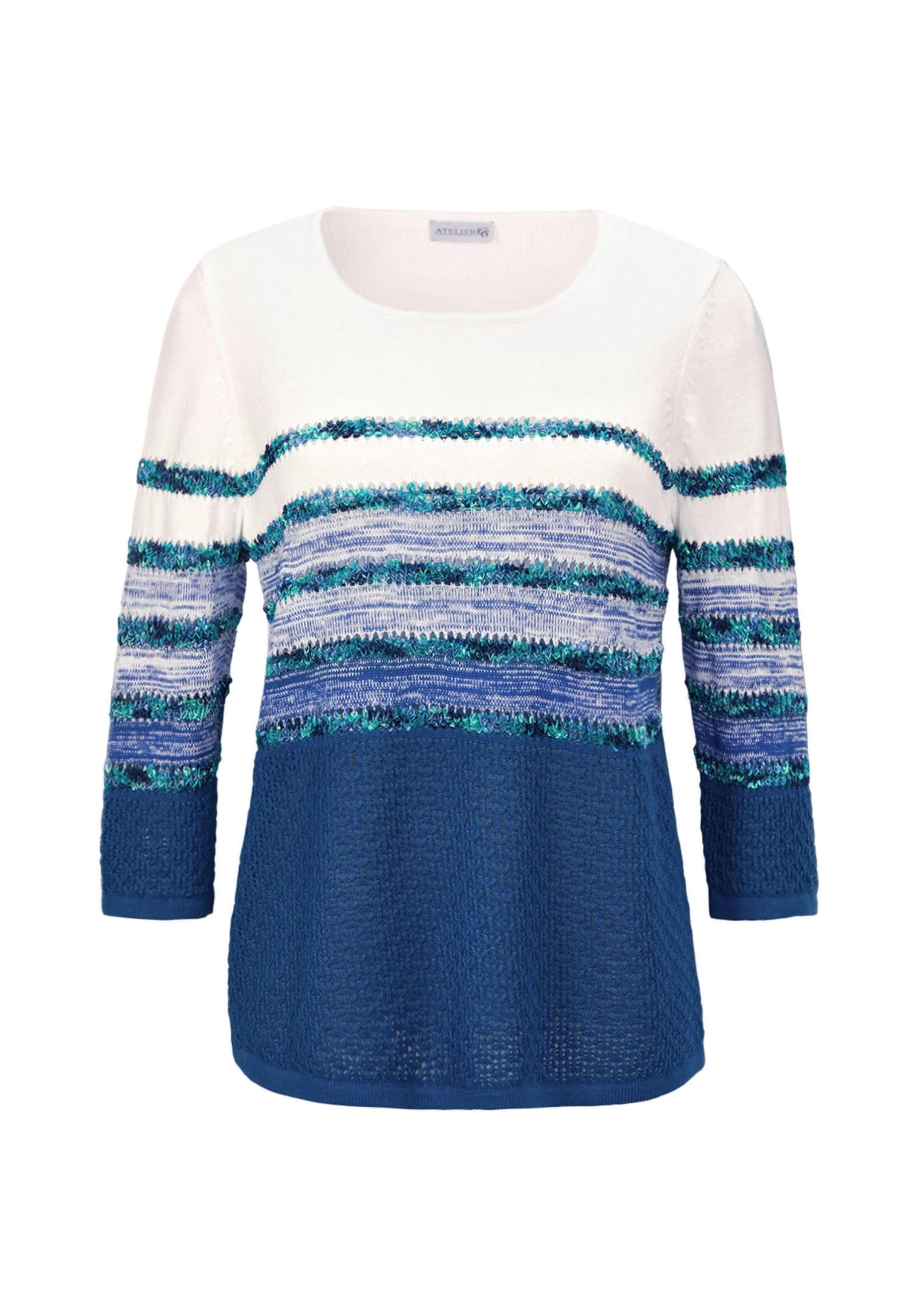 GOLDNER Rundhalspullover "Kurzgröße Leichter Pullover mit tollem Ringelmuster" Taille abwärts aus Ajourstrick